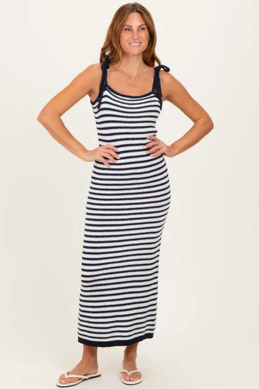 Navy Striped Knit Shoulder Tie Maxi Dress made by Wishlist