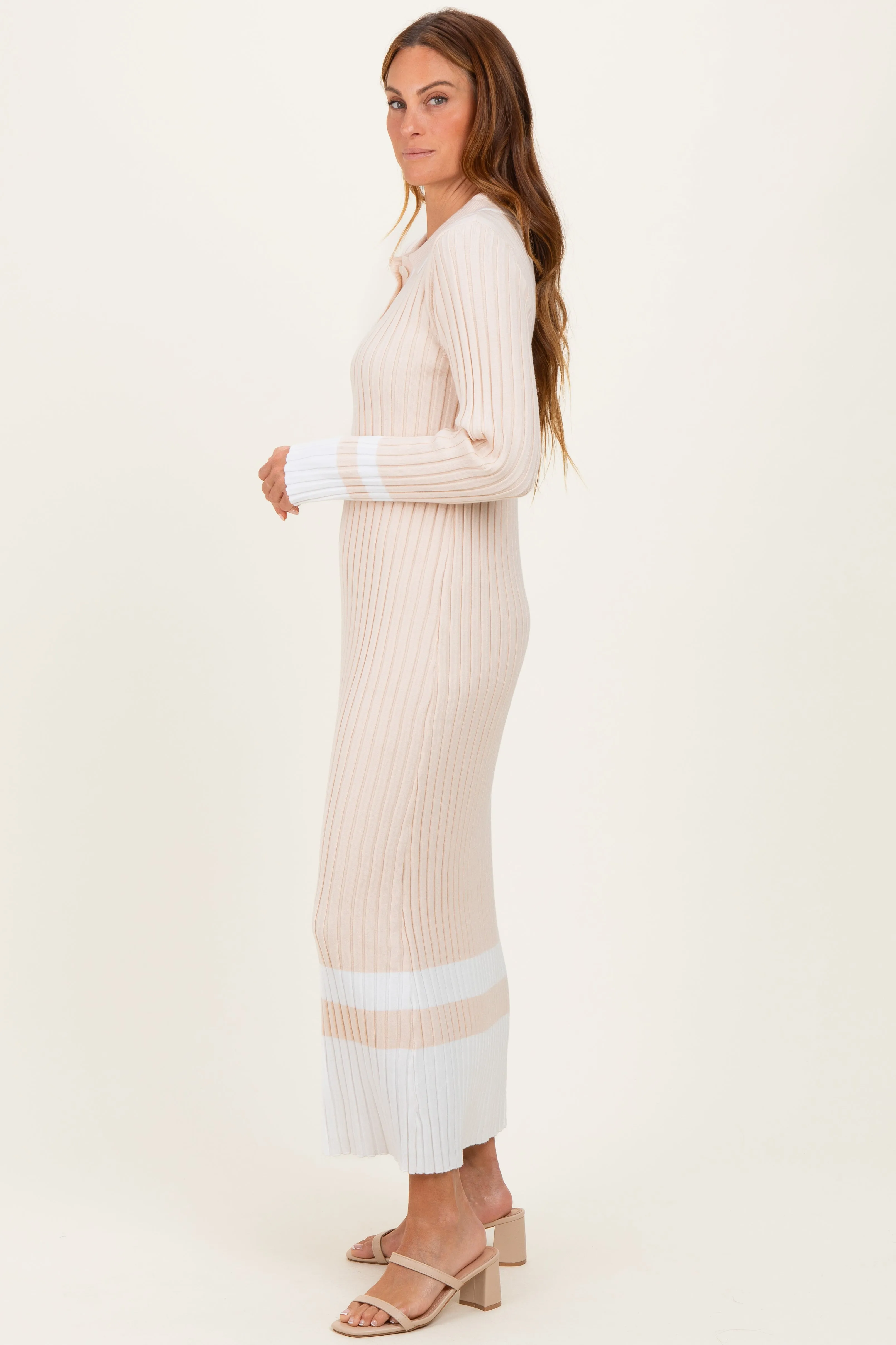 Cream Ribbed Knit Colorblock Polo Maxi Dress sold by Pinkblush product image thumbnail 3