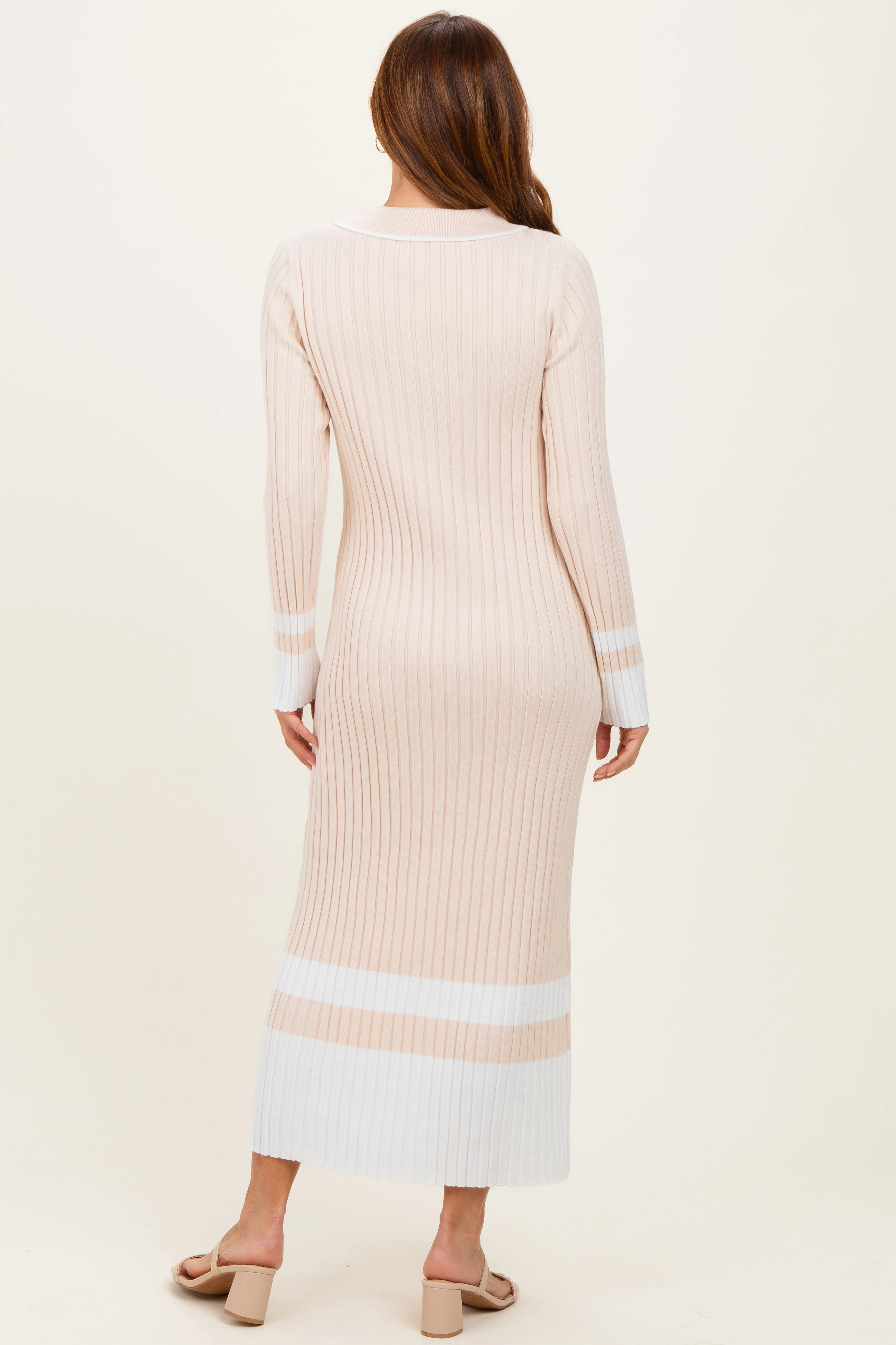 Cream Ribbed Knit Colorblock Polo Maxi Dress sold by Pinkblush product image thumbnail 4