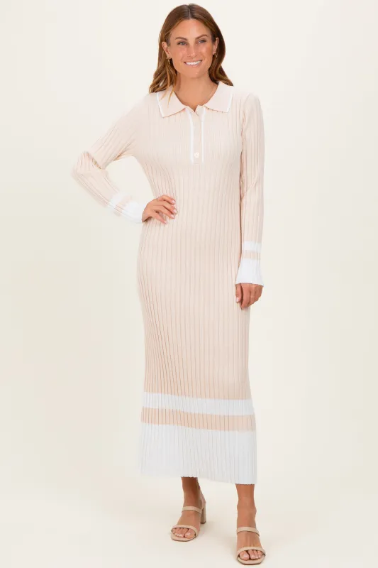 Cream Ribbed Knit Colorblock Polo Maxi Dress made by Able