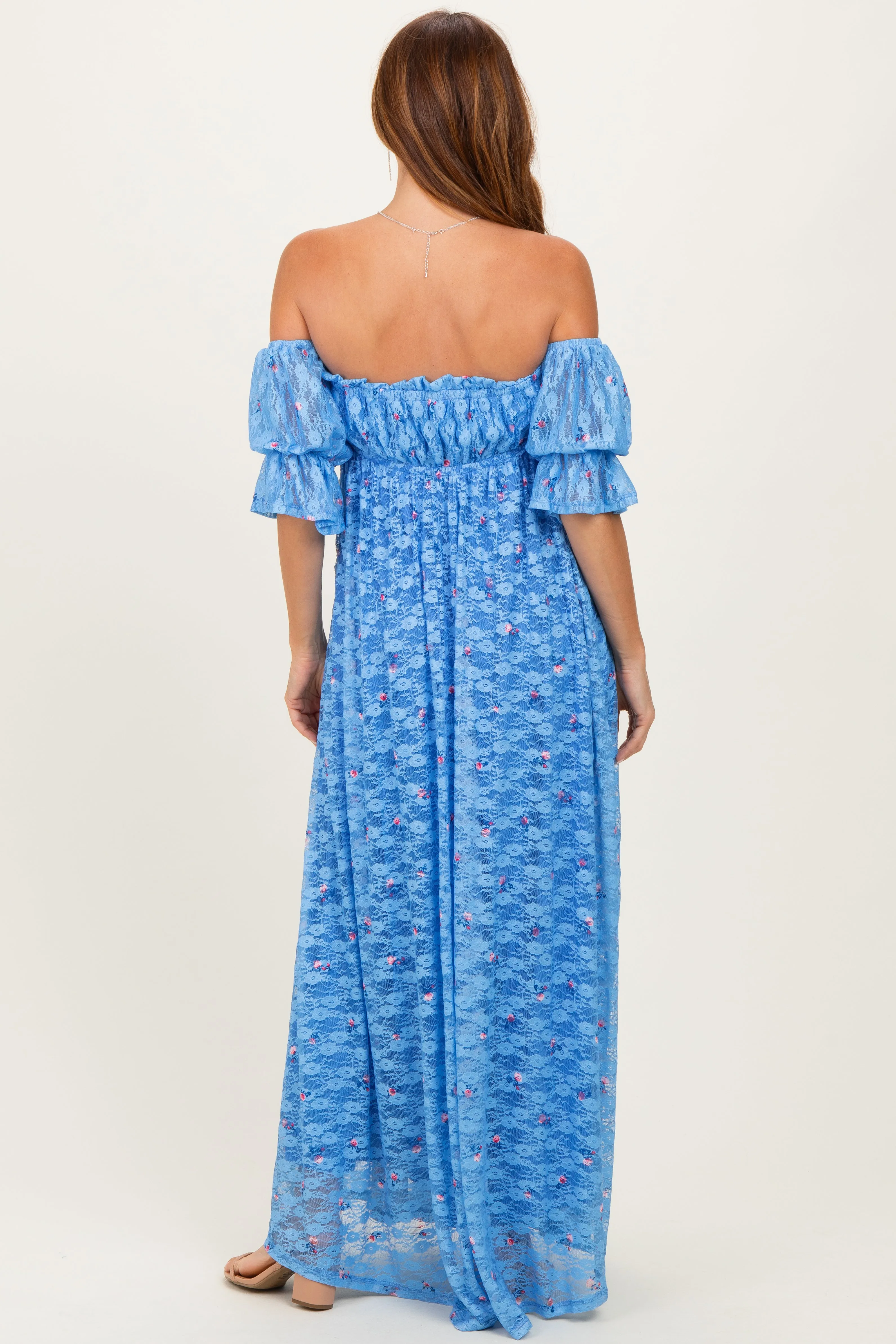 Blue Floral Lace Off Shoulder Ruffe Sleeve Maxi Dress sold by Pinkblush product image thumbnail 4