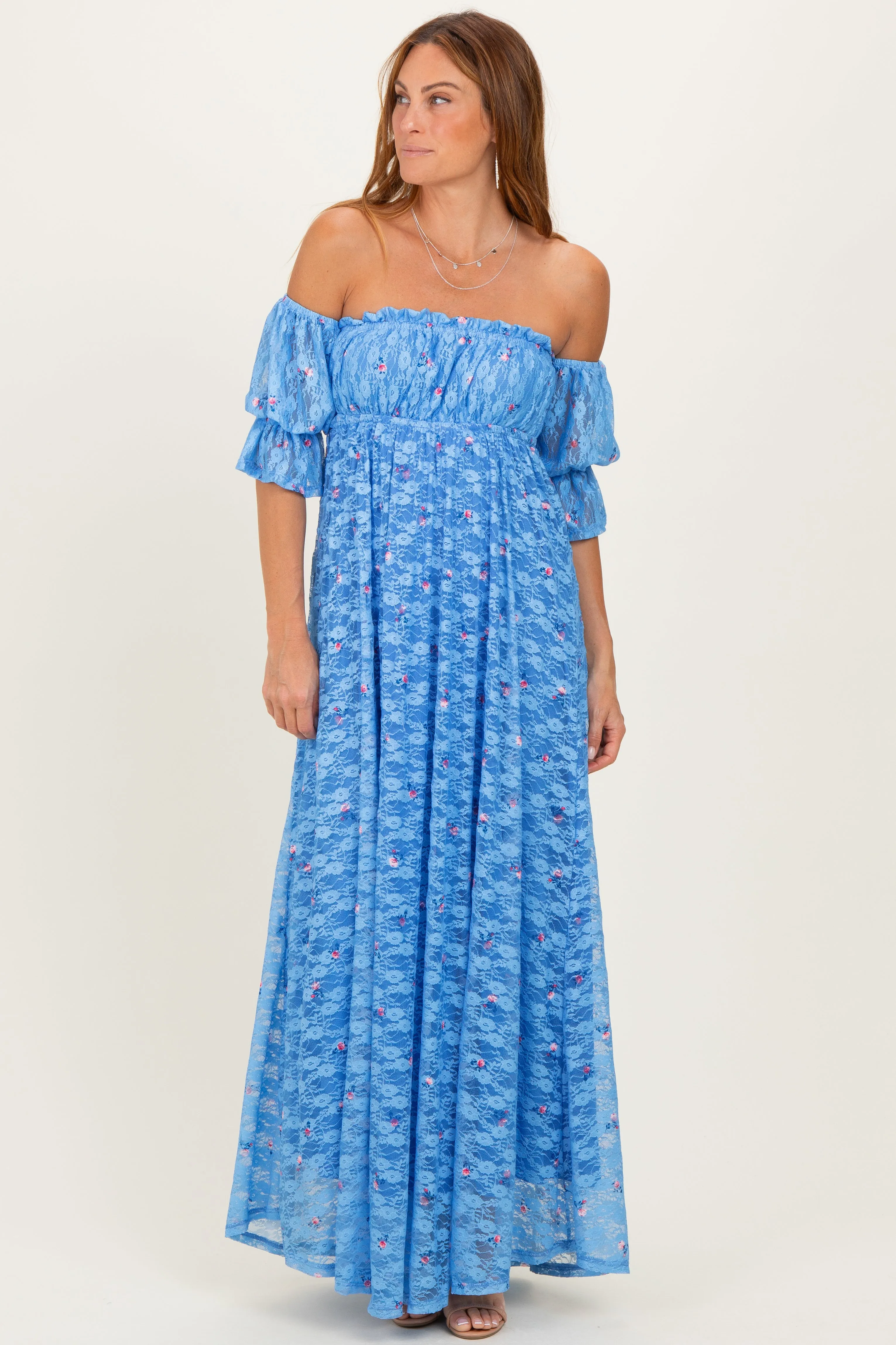 Blue Floral Lace Off Shoulder Ruffe Sleeve Maxi Dress sold by Pinkblush