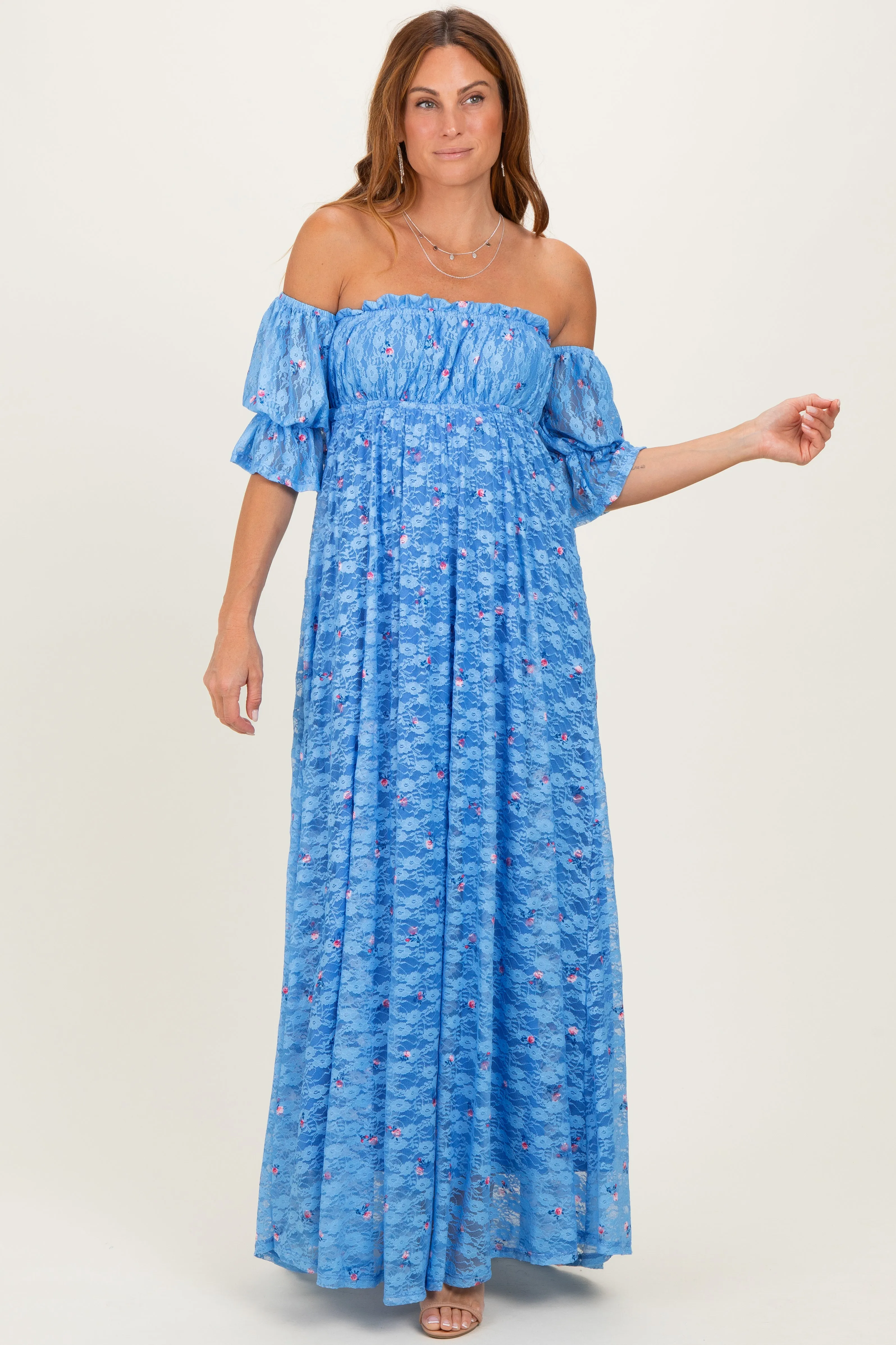 Blue Floral Lace Off Shoulder Ruffe Sleeve Maxi Dress sold by Pinkblush product image thumbnail 2