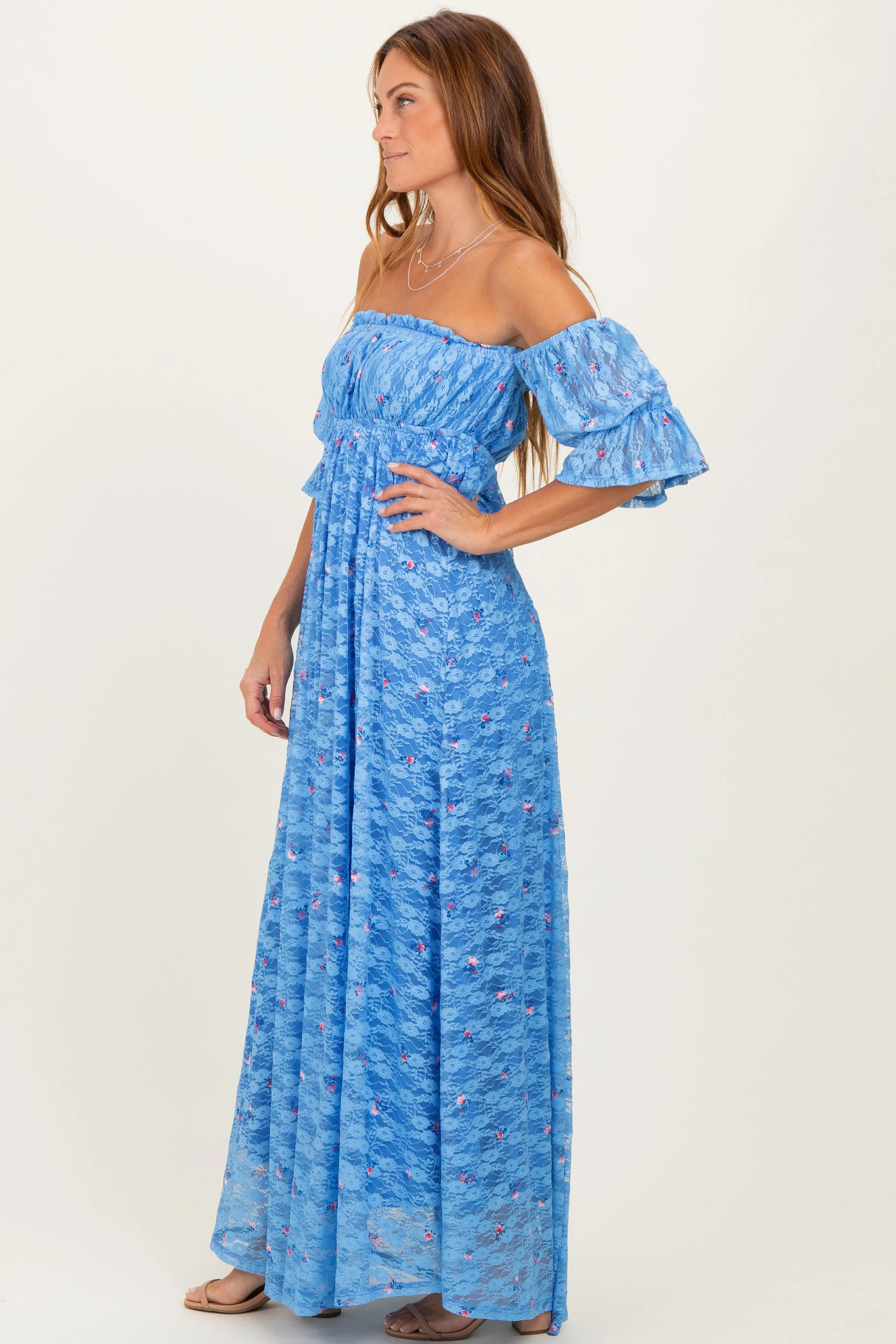 Blue Floral Lace Off Shoulder Ruffe Sleeve Maxi Dress sold by Pinkblush product image thumbnail 3