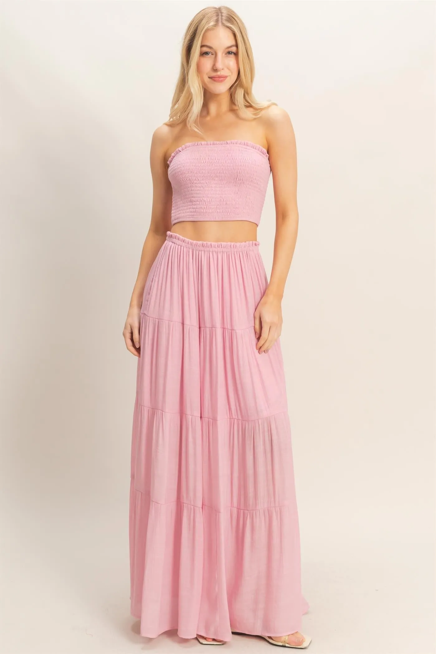Light Pink Smocked Tube Top Tiered Skirt Maternity Set sold by Pinkblush product image thumbnail 3