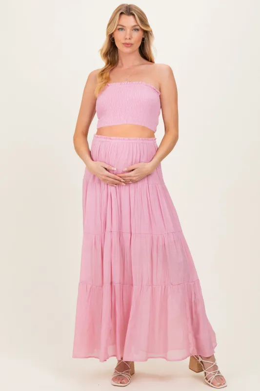 Light Pink Smocked Tube Top Tiered Skirt Maternity Set made by HYFVE