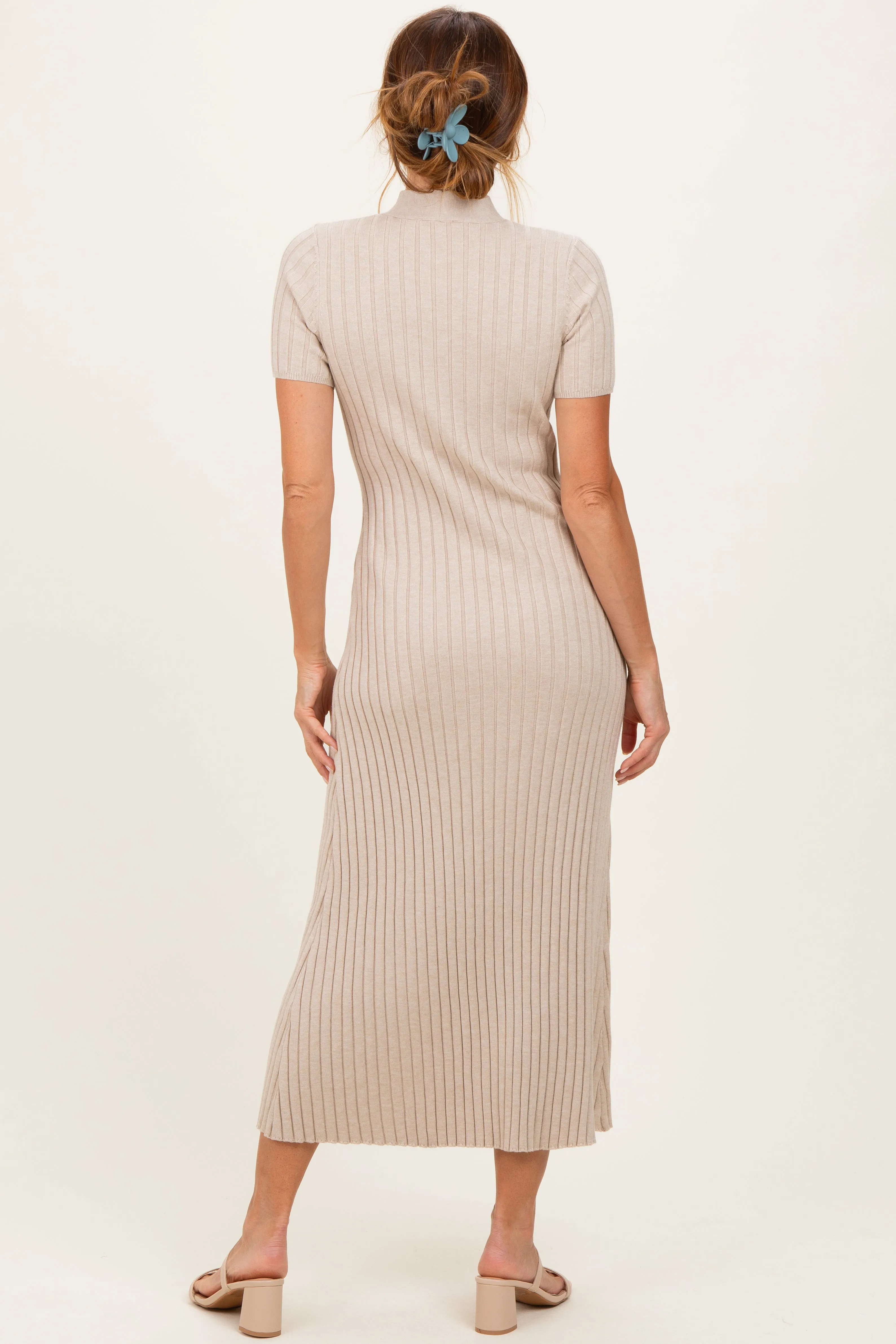 Oatmeal Ribbed Knit Tie Neck Midi Dress sold by Pinkblush product image thumbnail 3