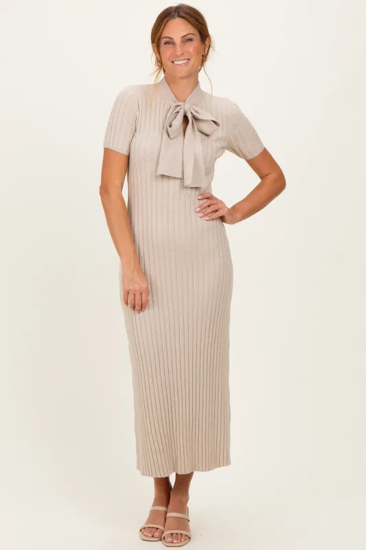 Oatmeal Ribbed Knit Tie Neck Midi Dress made by Able