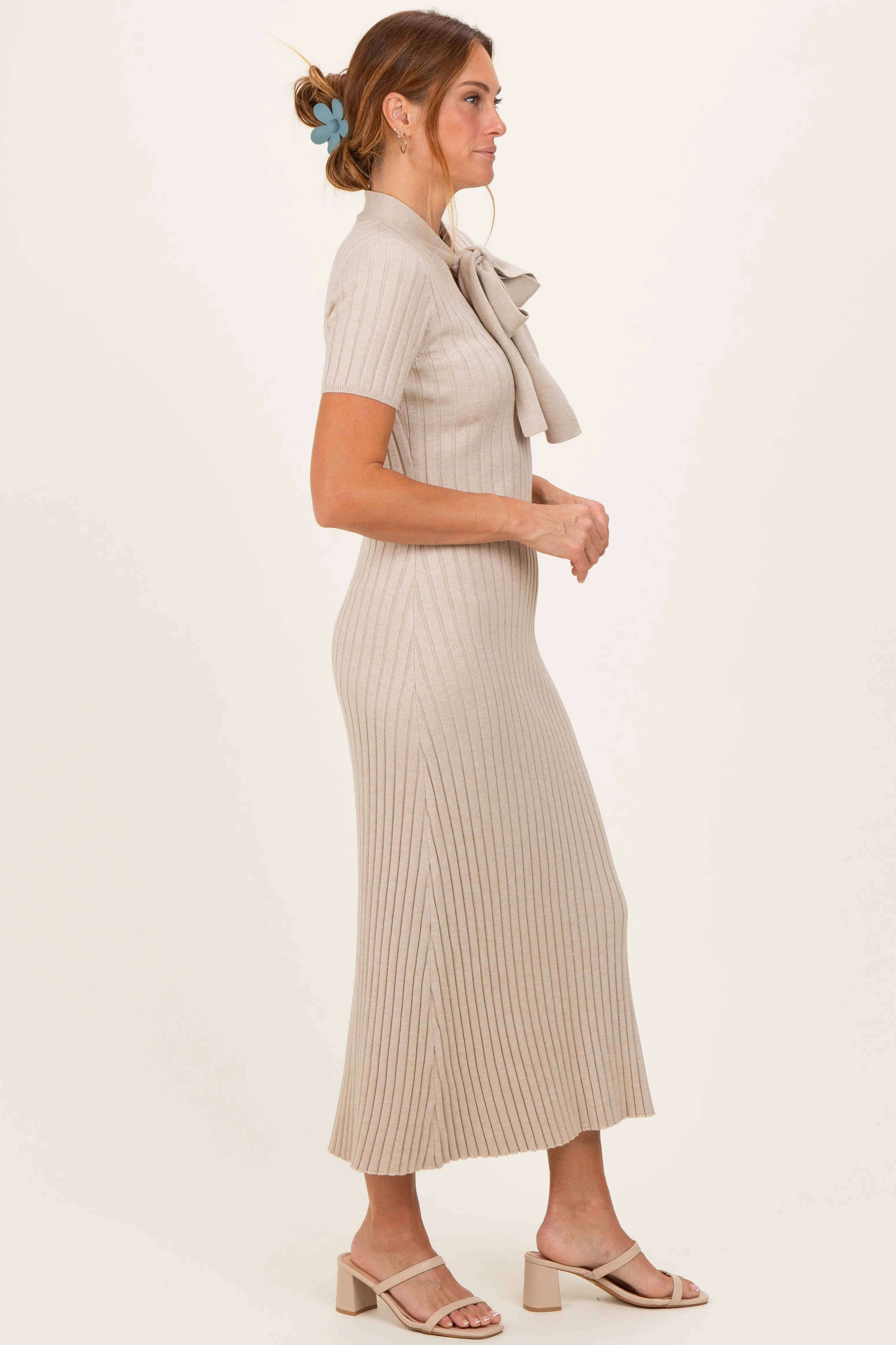 Oatmeal Ribbed Knit Tie Neck Midi Dress sold by Pinkblush product image thumbnail 2