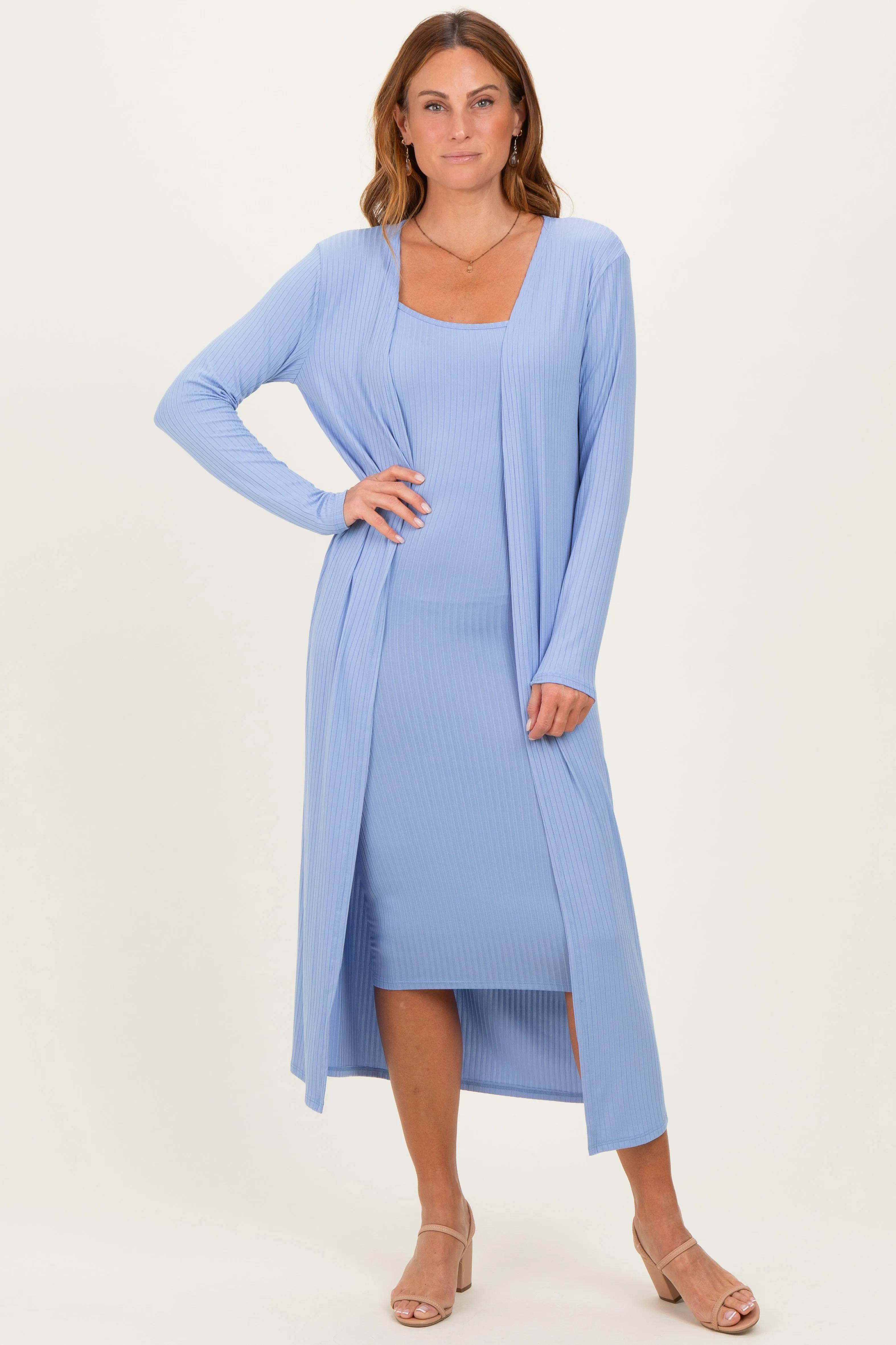Blue Ribbed Cardigan 2 Piece Set sold by Pinkblush
