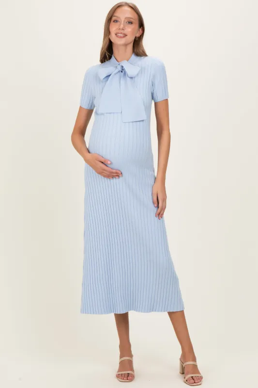 Sky Blue Ribbed Knit Tie Neck Maternity Midi Dress made by Able
