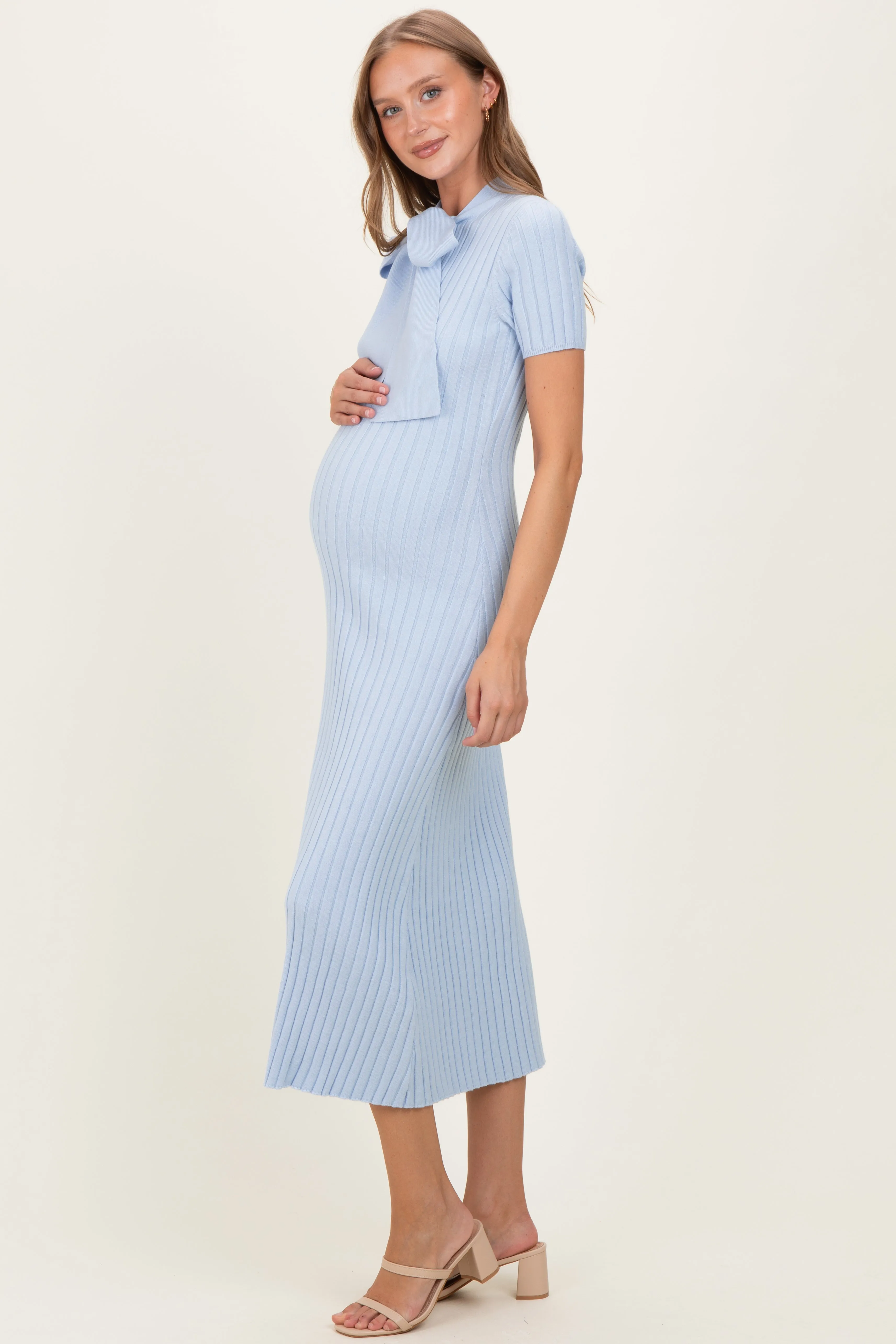 Sky Blue Ribbed Knit Tie Neck Maternity Midi Dress sold by Pinkblush product image thumbnail 2