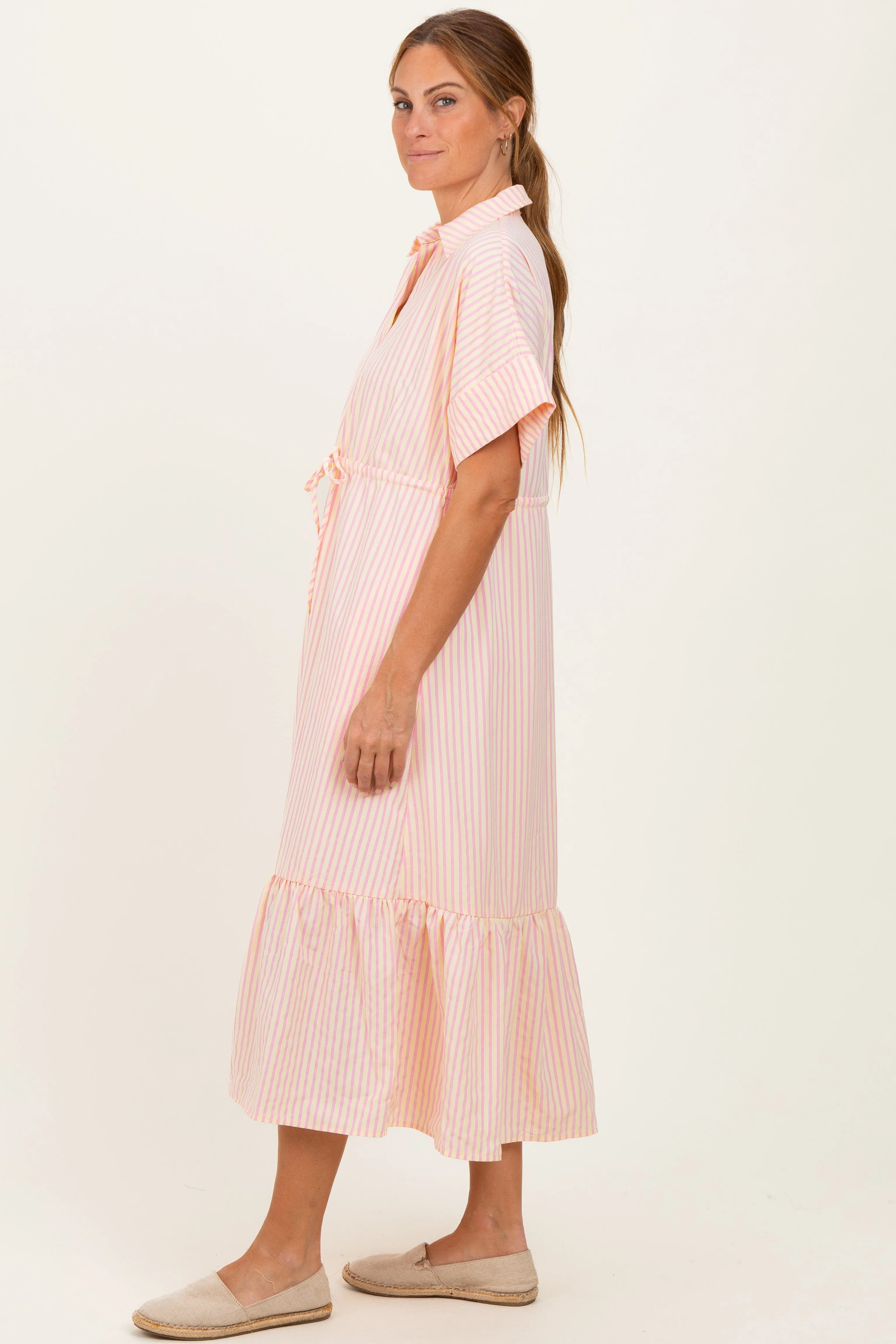 Yellow Striped Button Collared Midi Dress sold by Pinkblush product image thumbnail 2