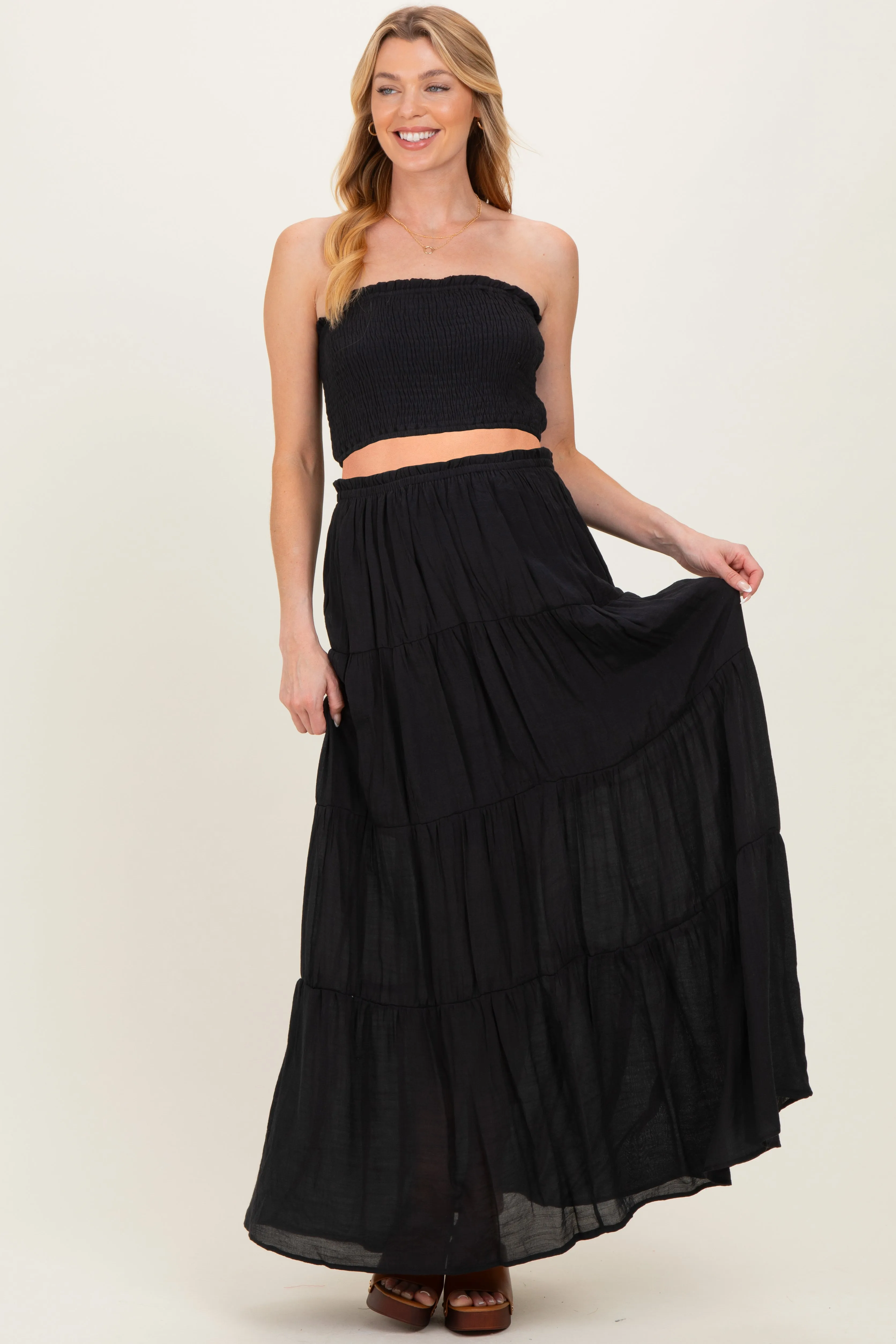 Black Smocked Tube Top Tiered Skirt Maternity Set sold by Pinkblush product image thumbnail 2