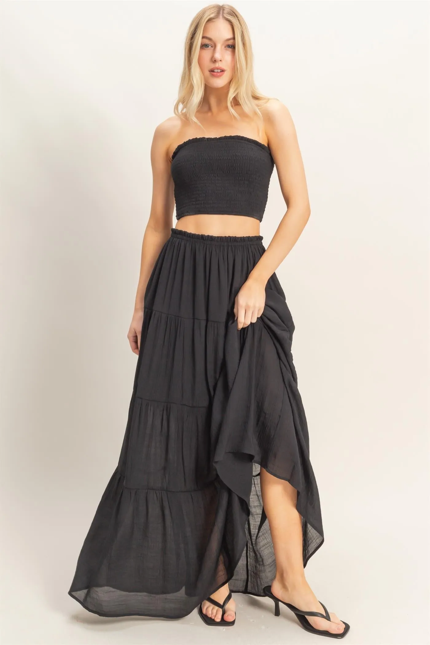 Black Smocked Tube Top Tiered Skirt Maternity Set sold by Pinkblush product image thumbnail 4