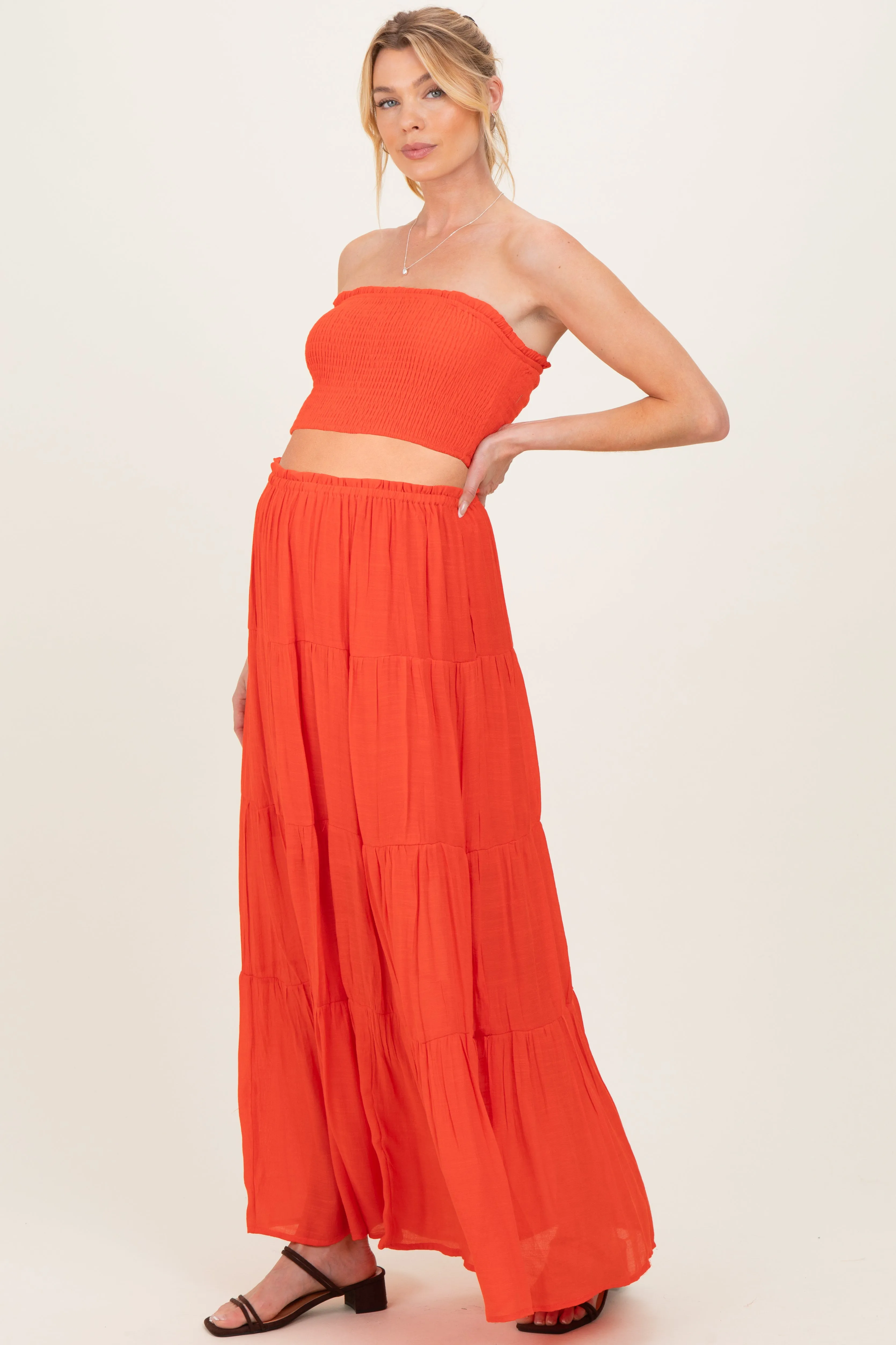 Orange Smocked Tube Top Tiered Skirt Maternity Set sold by Pinkblush product image thumbnail 2