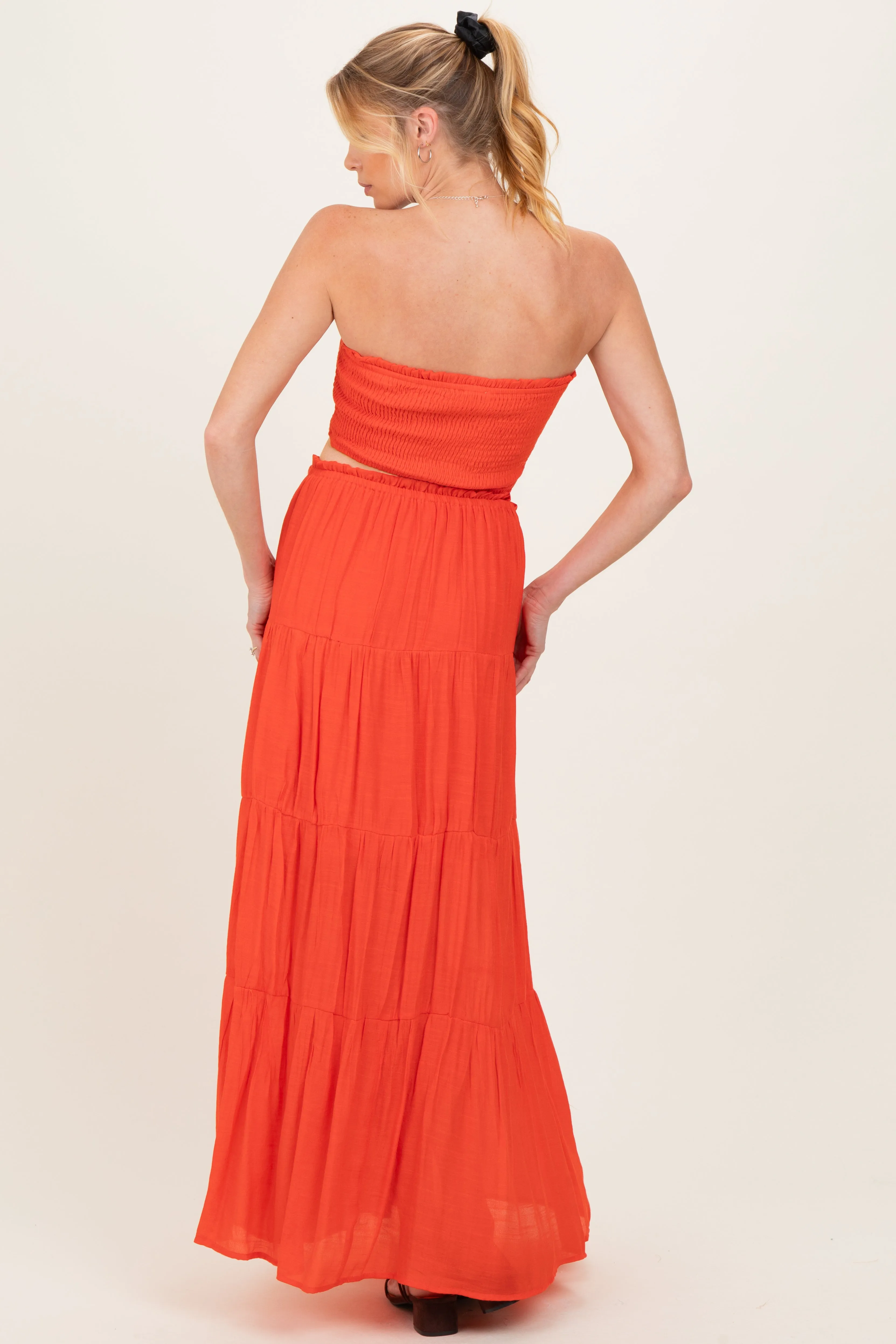 Orange Smocked Tube Top Tiered Skirt Maternity Set sold by Pinkblush product image thumbnail 3