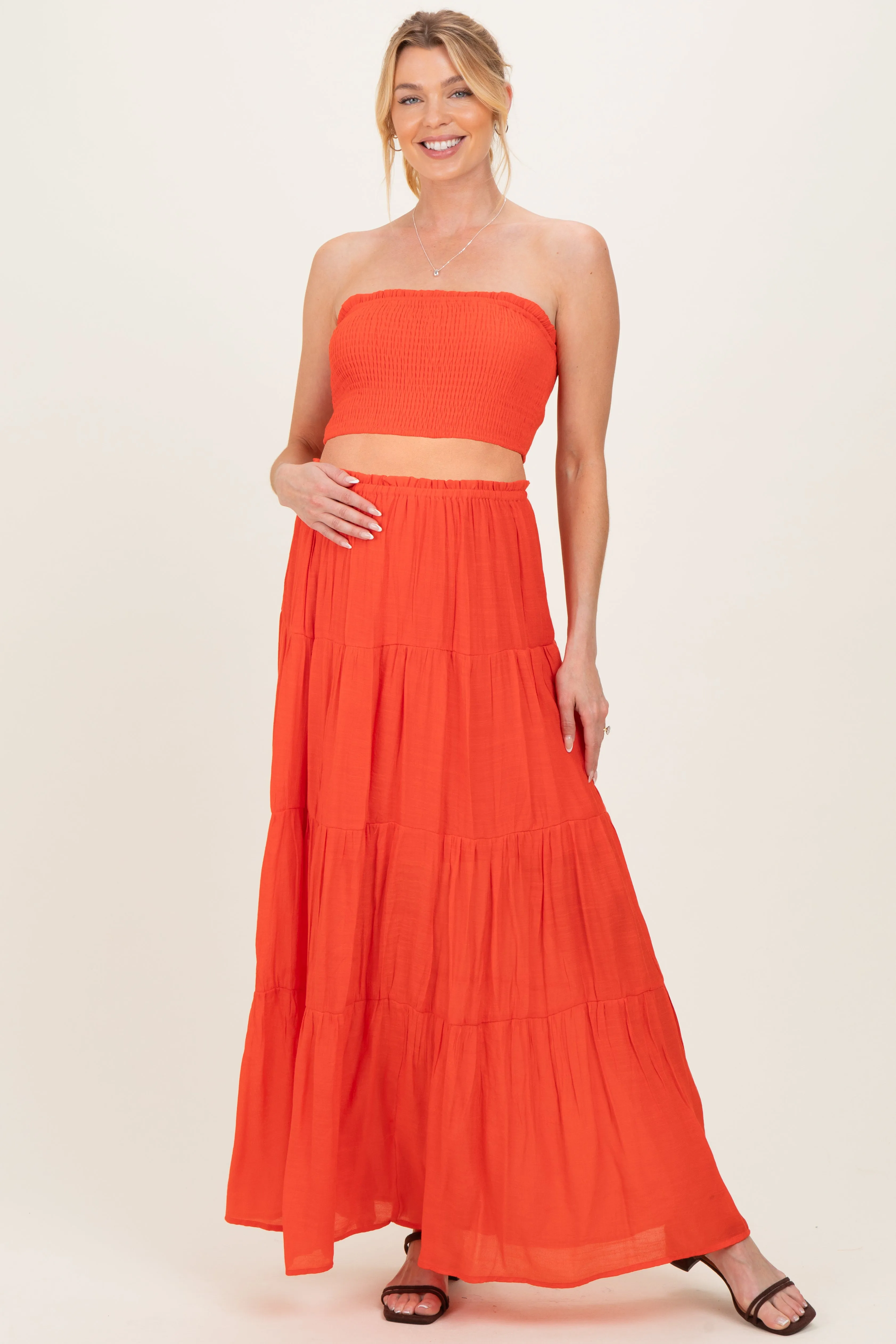 Orange Smocked Tube Top Tiered Skirt Maternity Set sold by Pinkblush