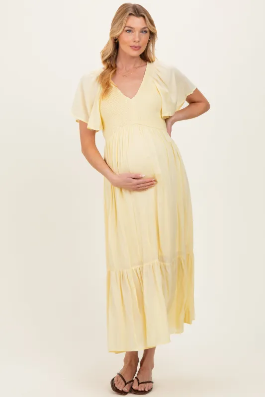 Yellow Smocked Maternity Midi Dress made by Inloom