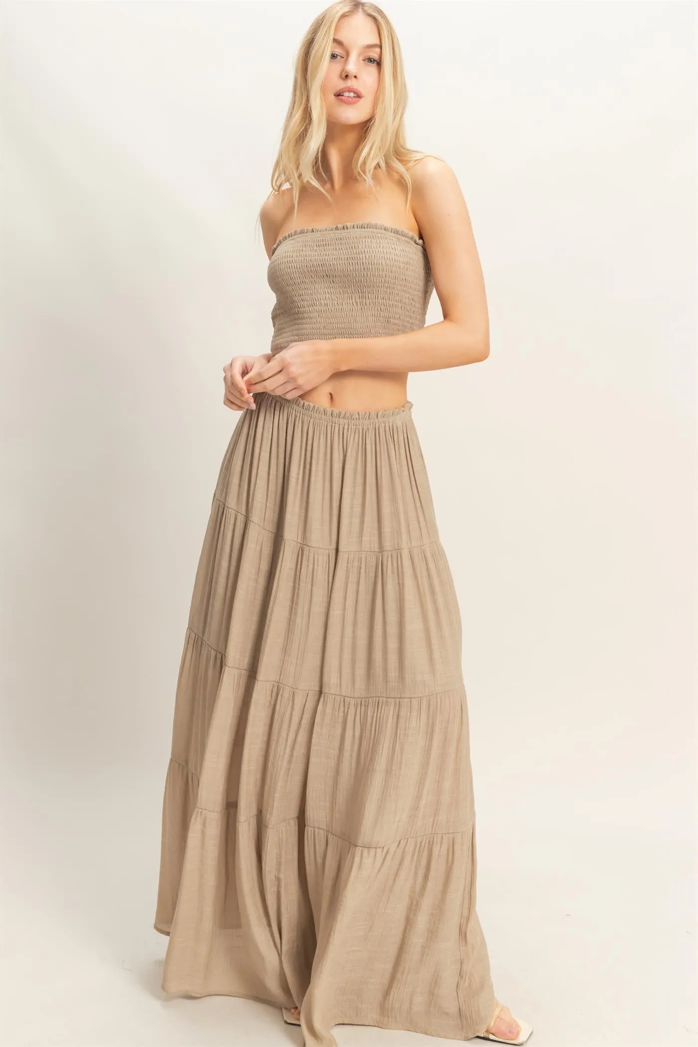 Beige Smocked Tube Top Tiered Skirt Maternity Set sold by Pinkblush product image thumbnail 3