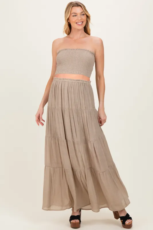 Beige Smocked Tube Top Tiered Skirt Maternity Set made by HYFVE