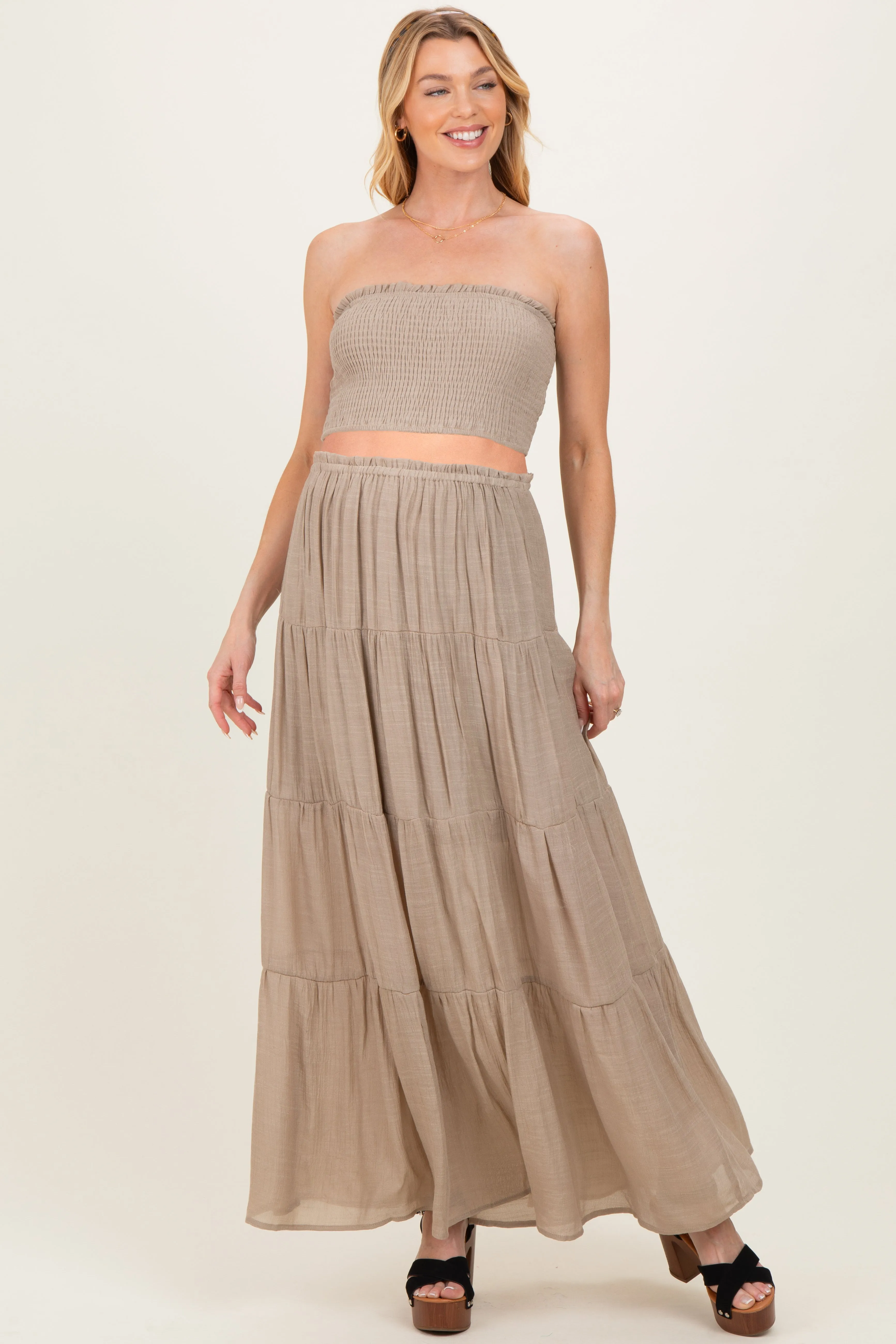 Beige Smocked Tube Top Tiered Skirt Maternity Set sold by Pinkblush