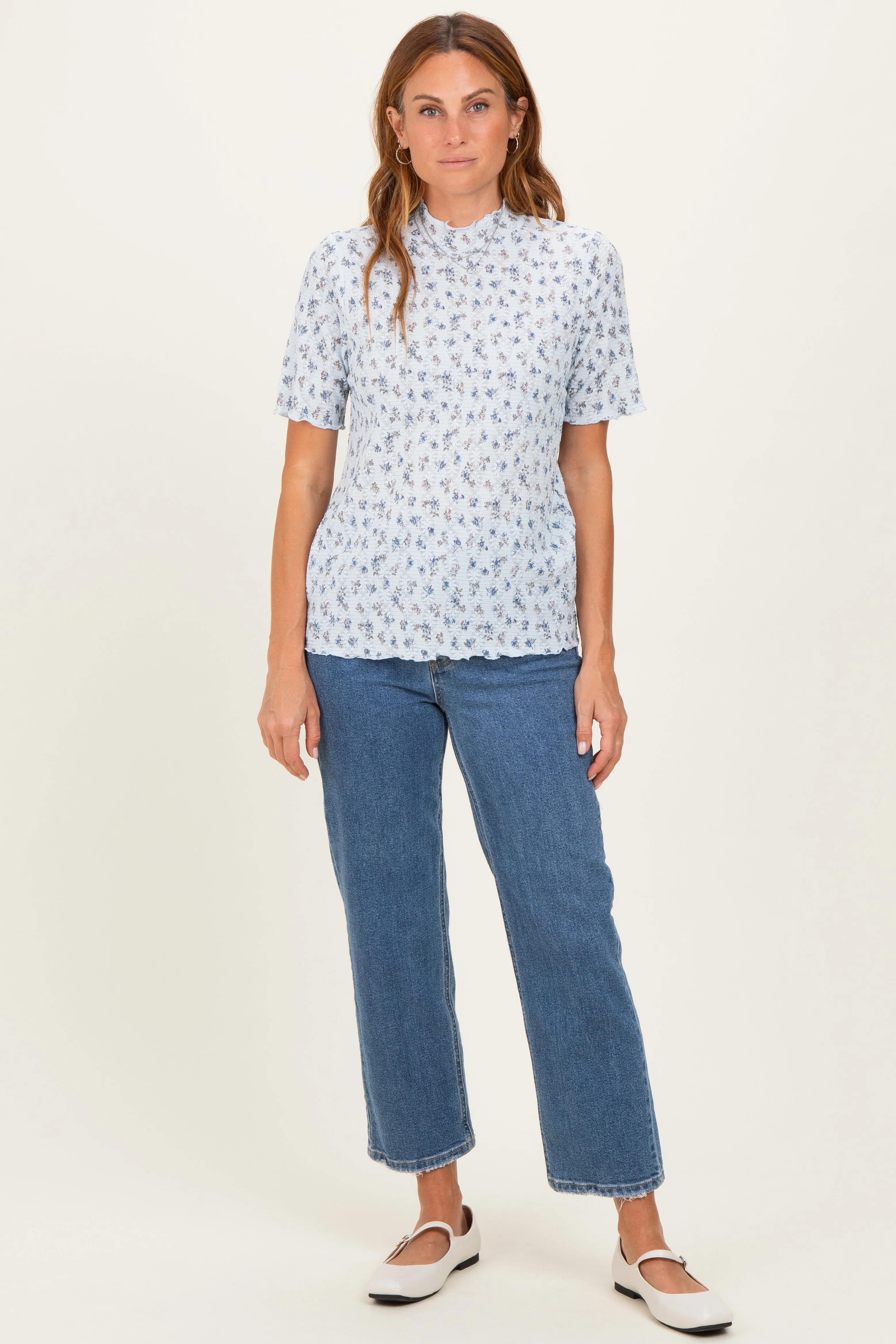 Blue Floral Ruffle Trim Short Sleeve Top sold by Pinkblush product image thumbnail 2