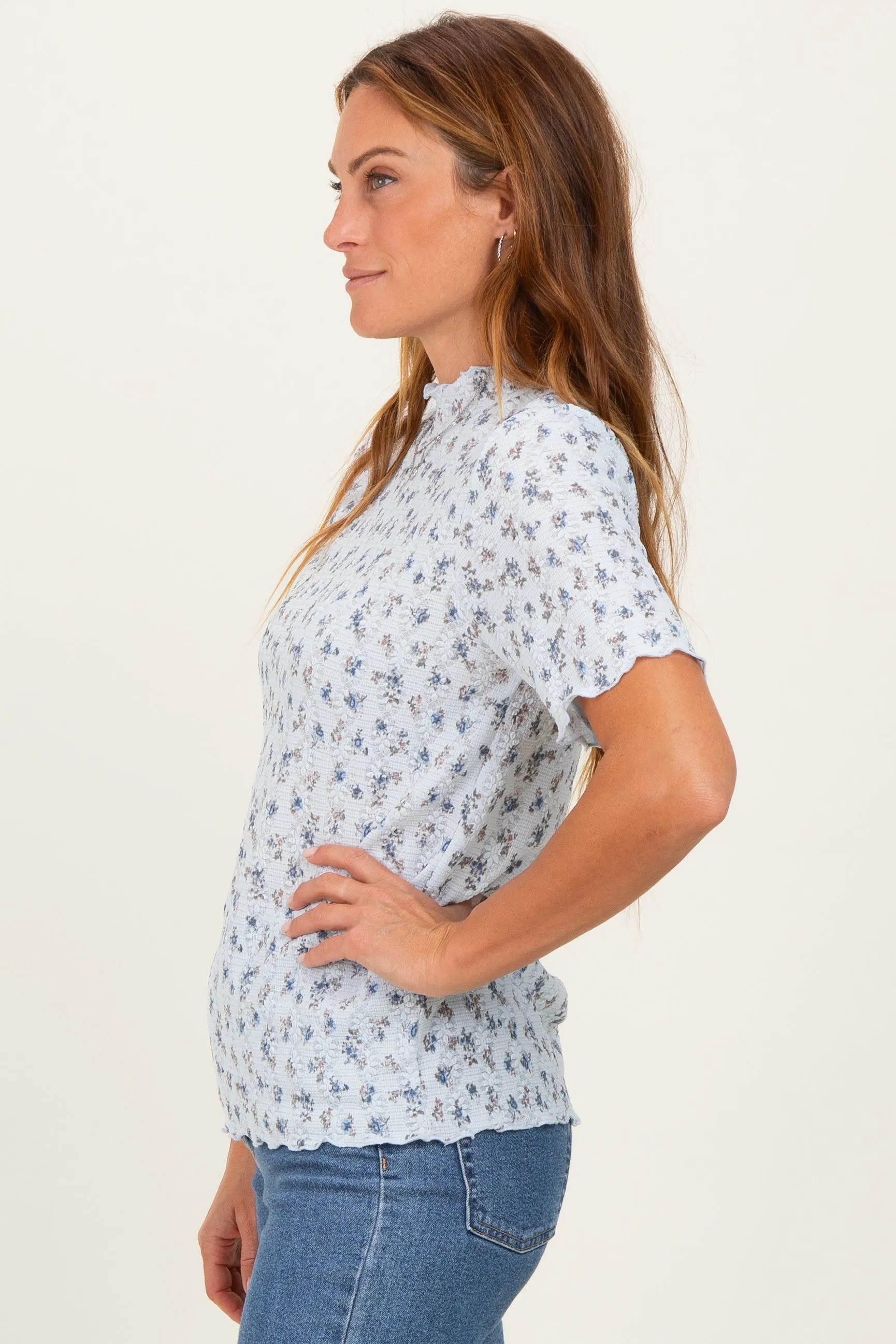 Blue Floral Ruffle Trim Short Sleeve Top sold by Pinkblush product image thumbnail 3