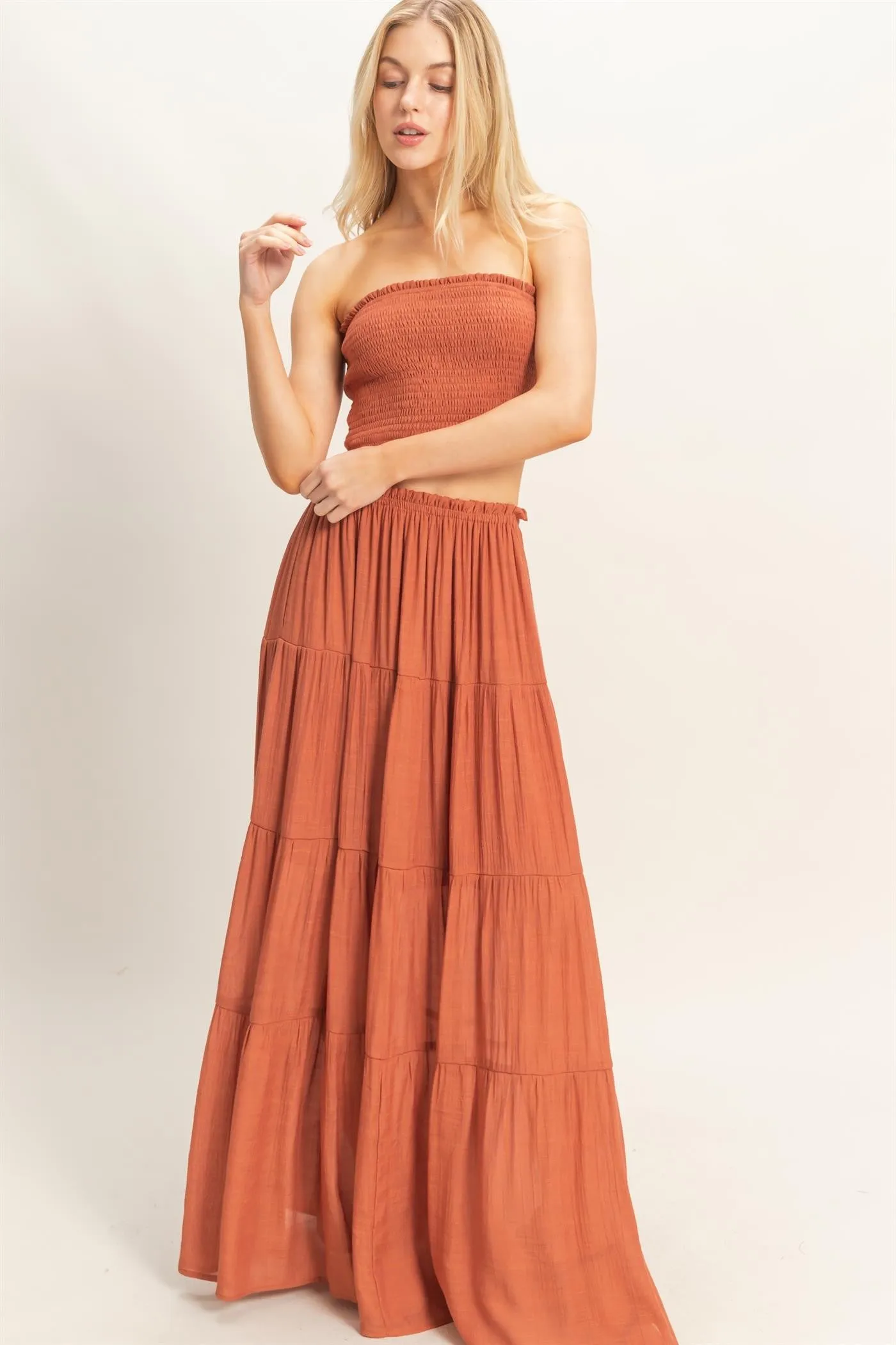 Rust Smocked Tube Top Tiered Skirt Maternity Set sold by Pinkblush product image thumbnail 3