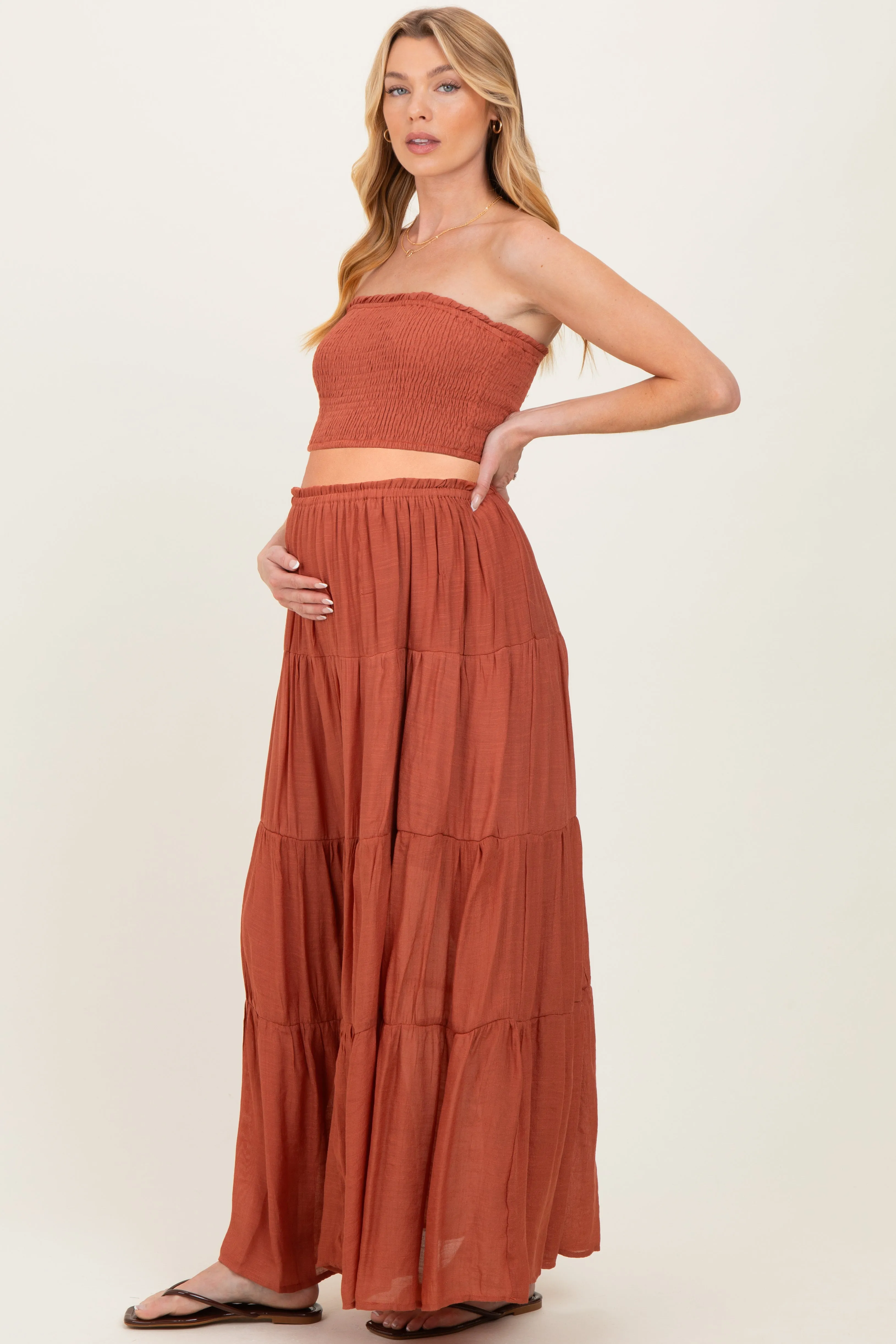 Rust Smocked Tube Top Tiered Skirt Maternity Set sold by Pinkblush