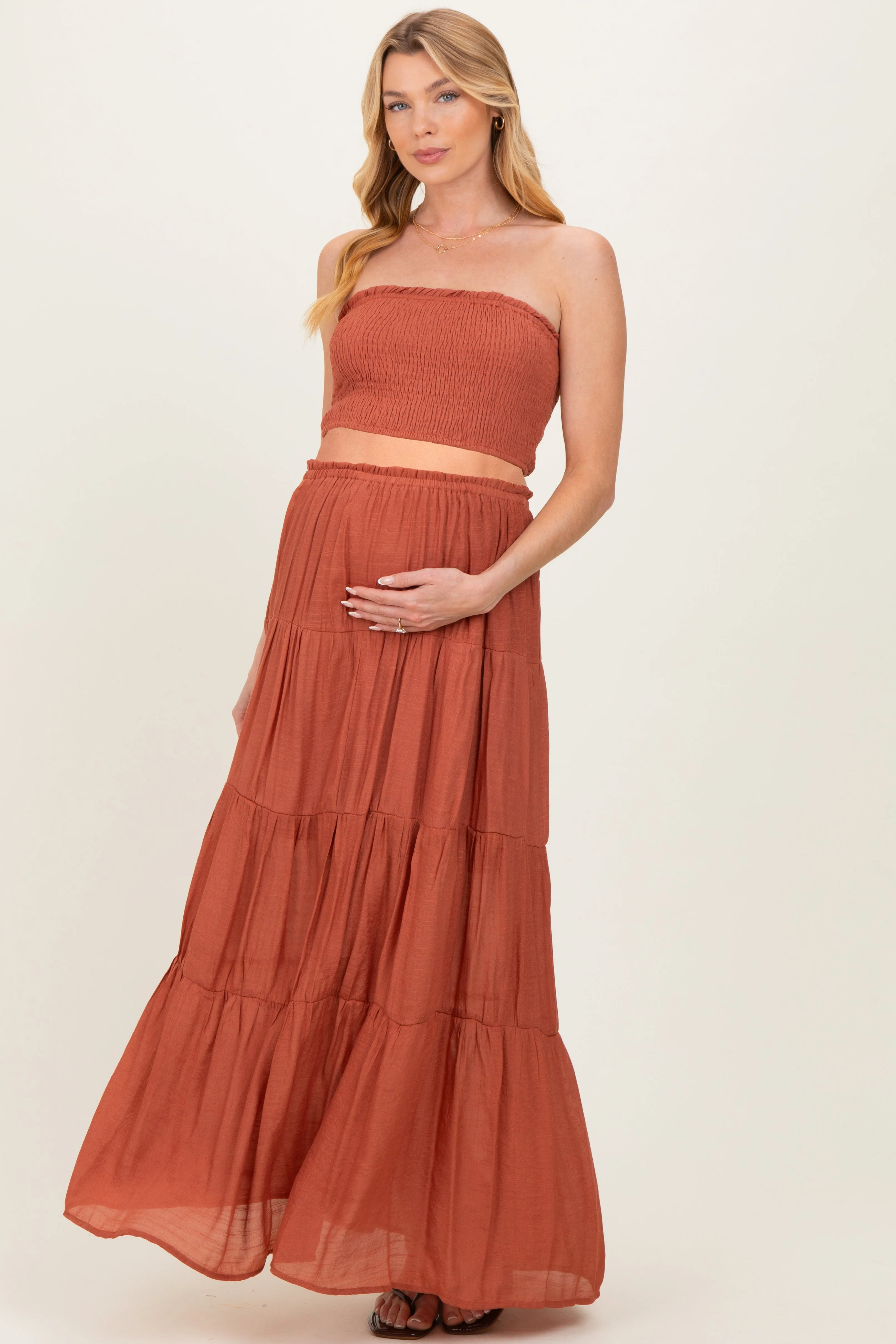 Rust Smocked Tube Top Tiered Skirt Maternity Set sold by Pinkblush product image thumbnail 2