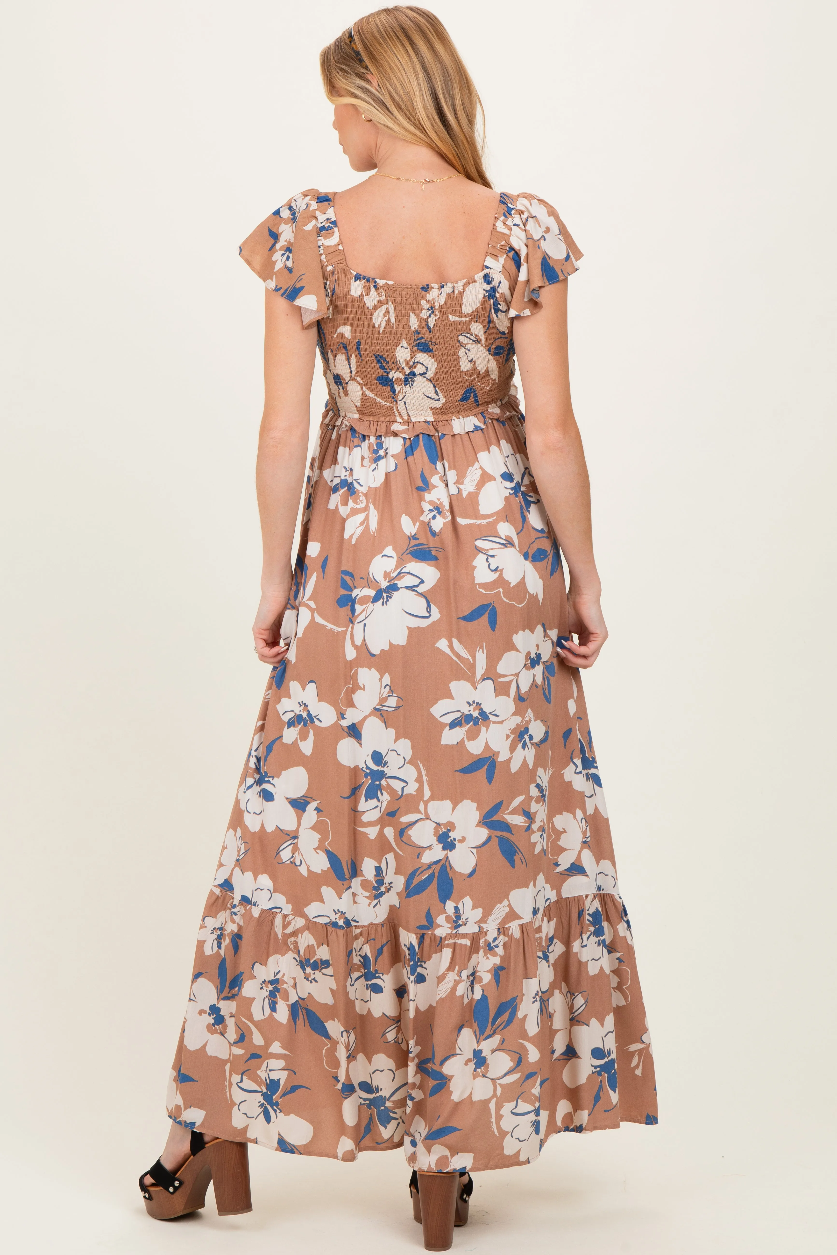 Mocha Floral Cinched Smocked Maternity Maxi Dress sold by Pinkblush product image thumbnail 4