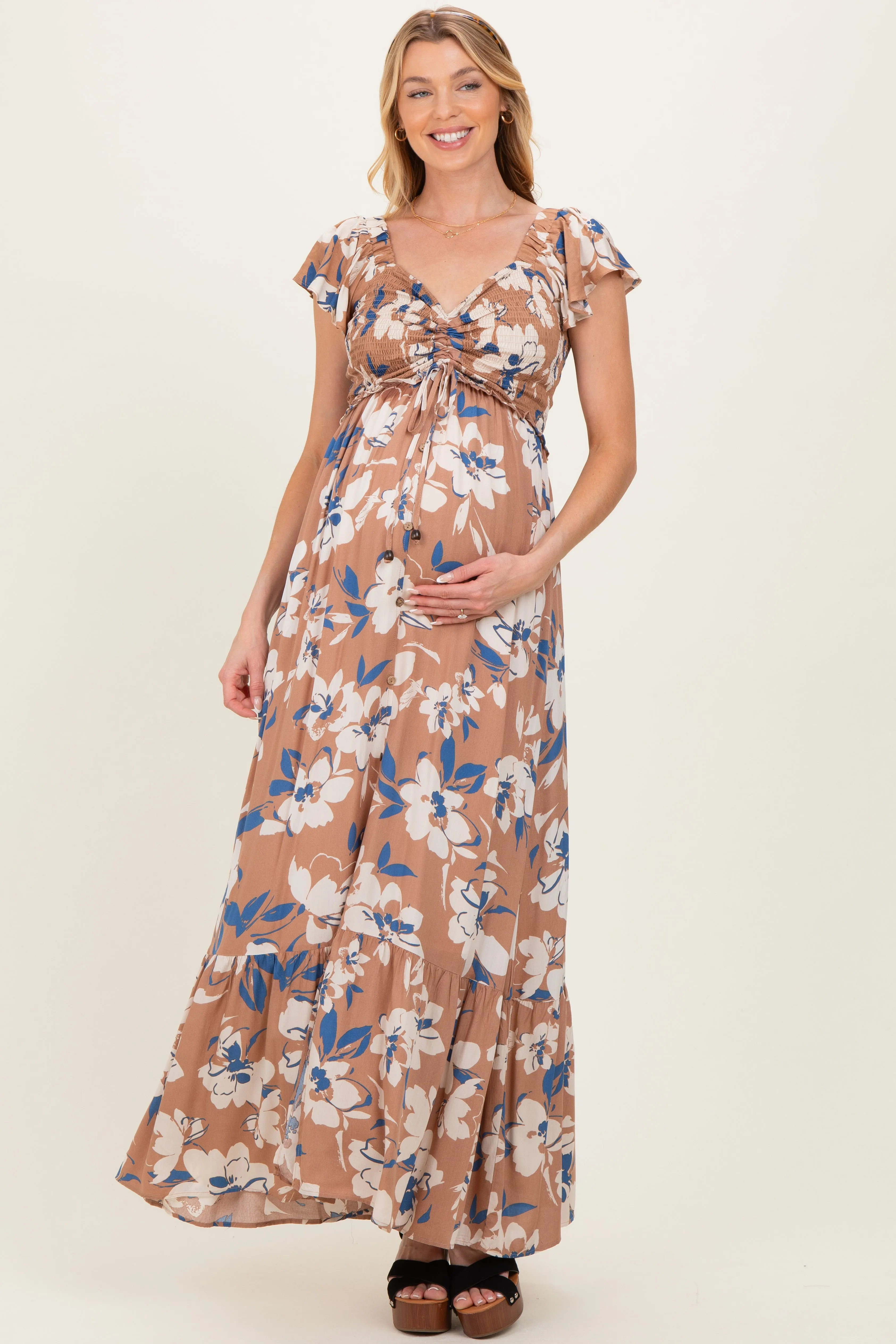 Mocha Floral Cinched Smocked Maternity Maxi Dress sold by Pinkblush