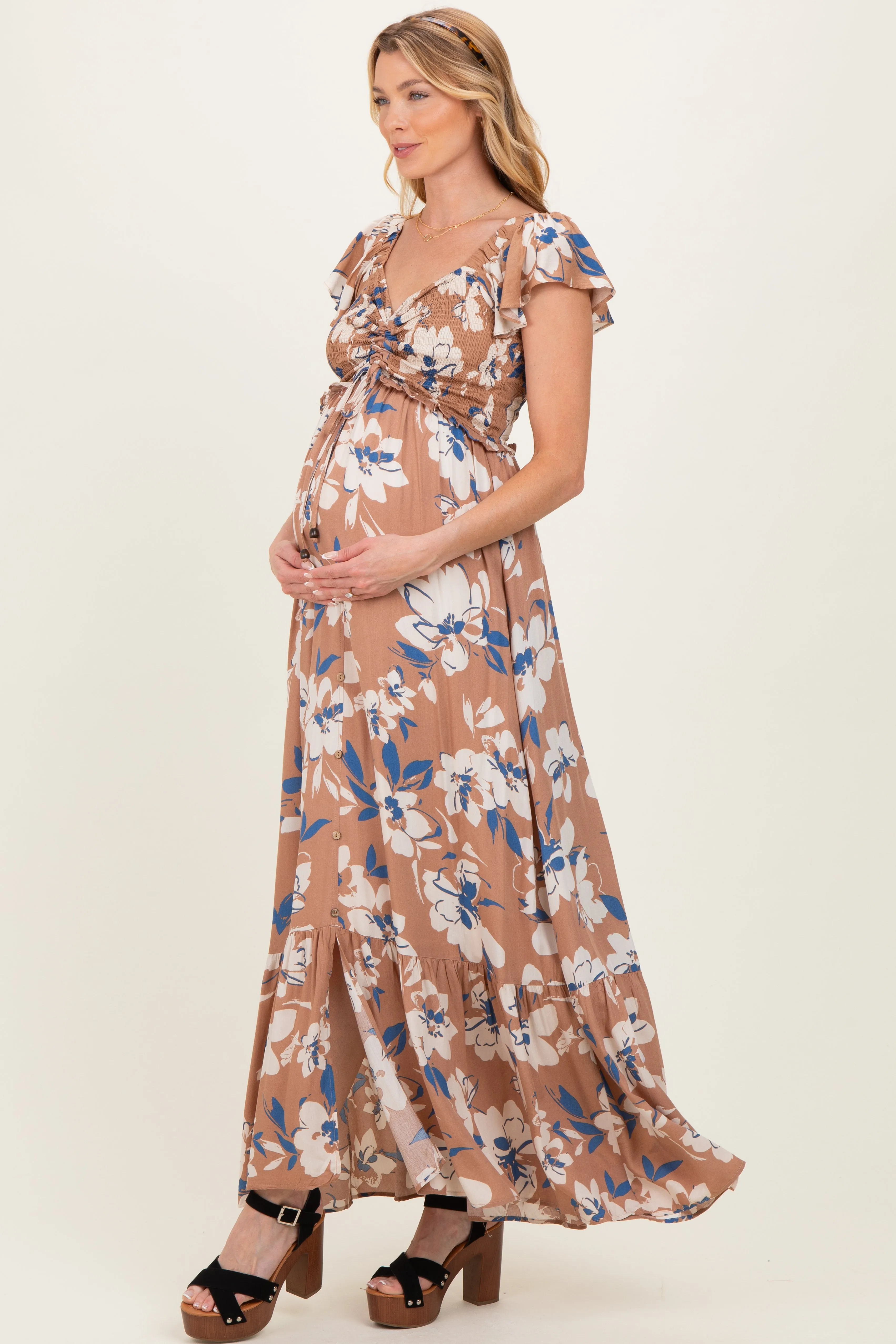 Mocha Floral Cinched Smocked Maternity Maxi Dress sold by Pinkblush product image thumbnail 2