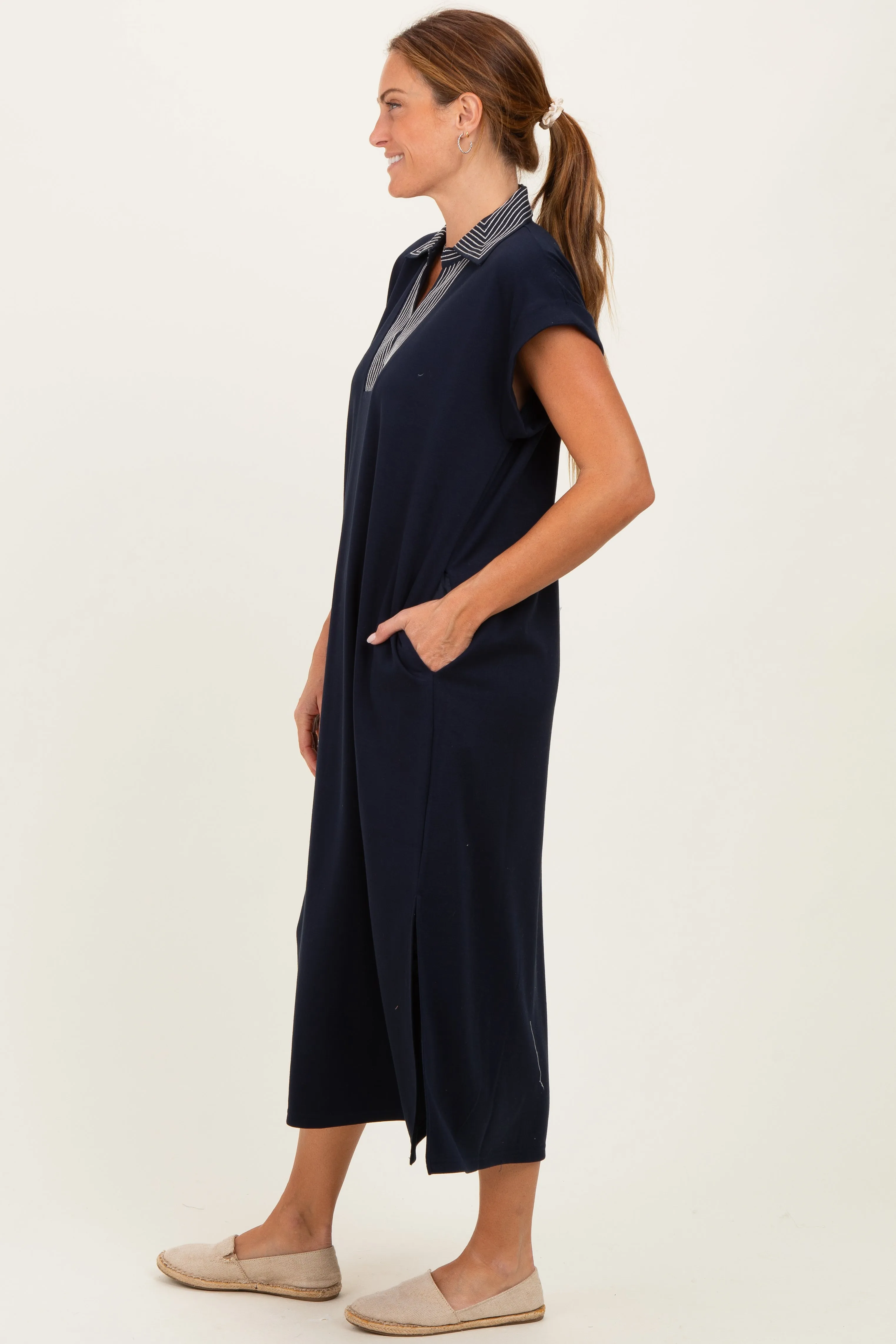 Navy Striped Collared Side Slit Midi Dress sold by Pinkblush product image thumbnail 2