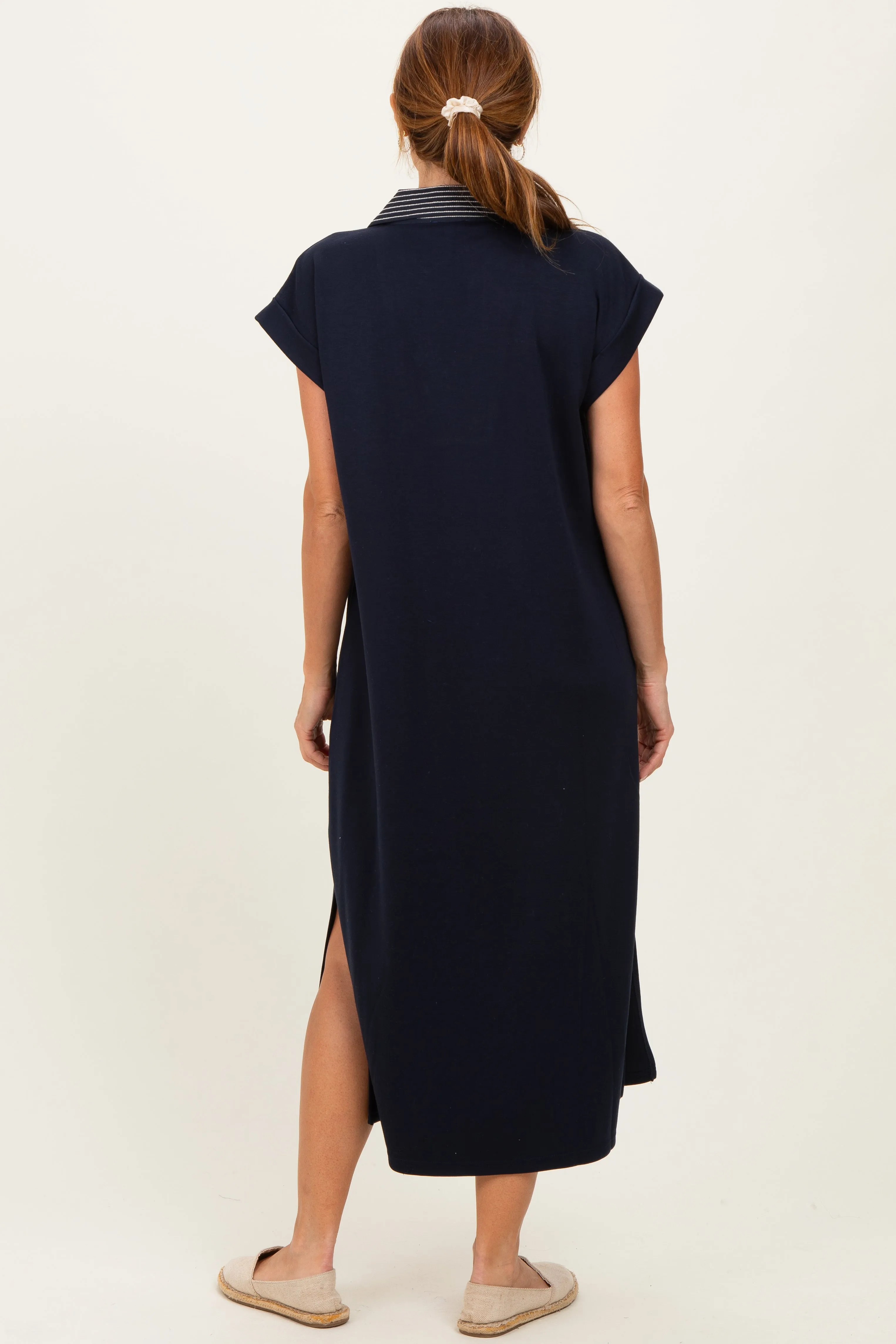 Navy Striped Collared Side Slit Midi Dress sold by Pinkblush product image thumbnail 3