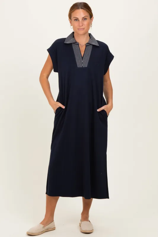 Navy Striped Collared Side Slit Midi Dress made by Pinkblush