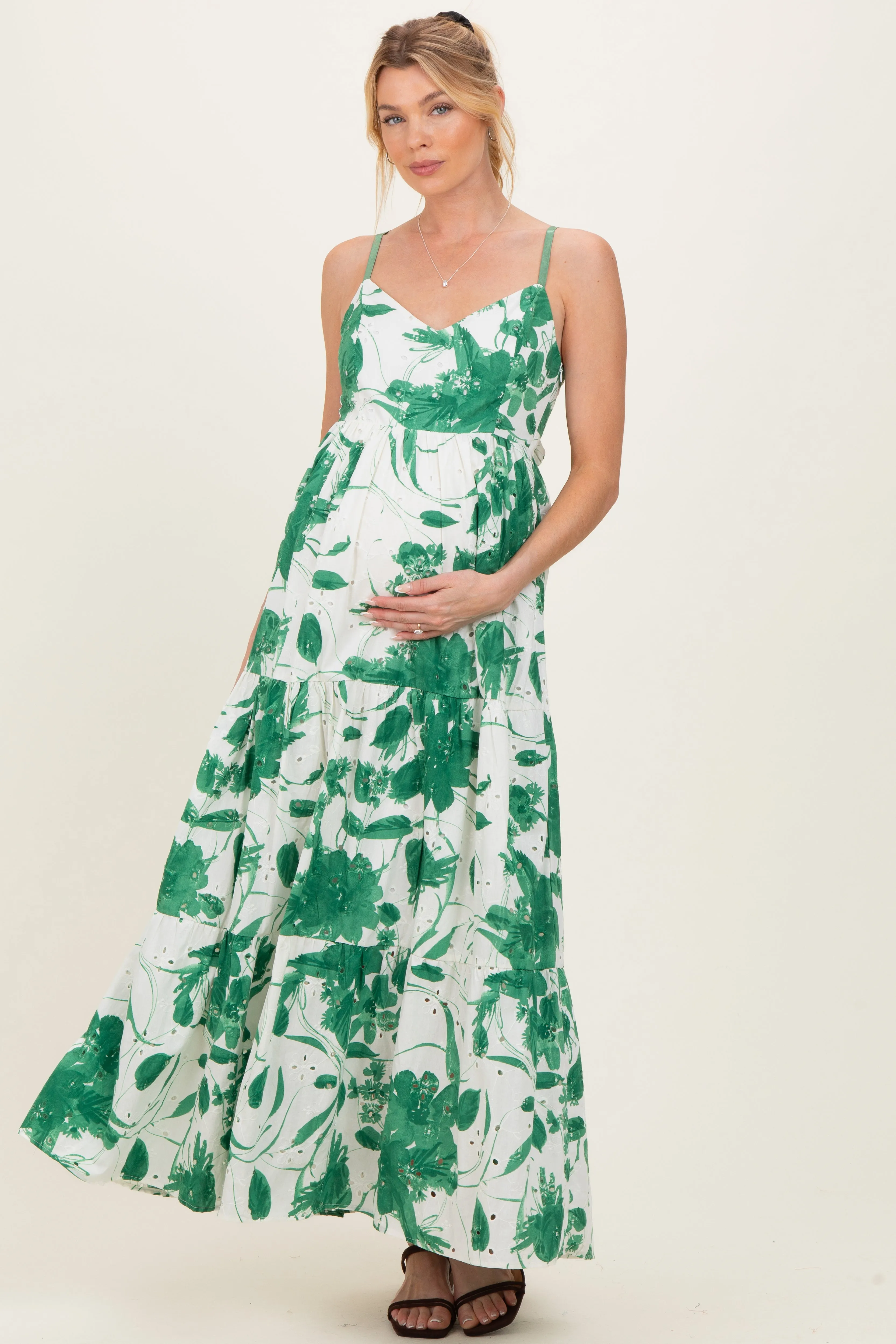 Green Floral Tiered Cutout Tie Back Maternity Maxi Dress sold by Pinkblush