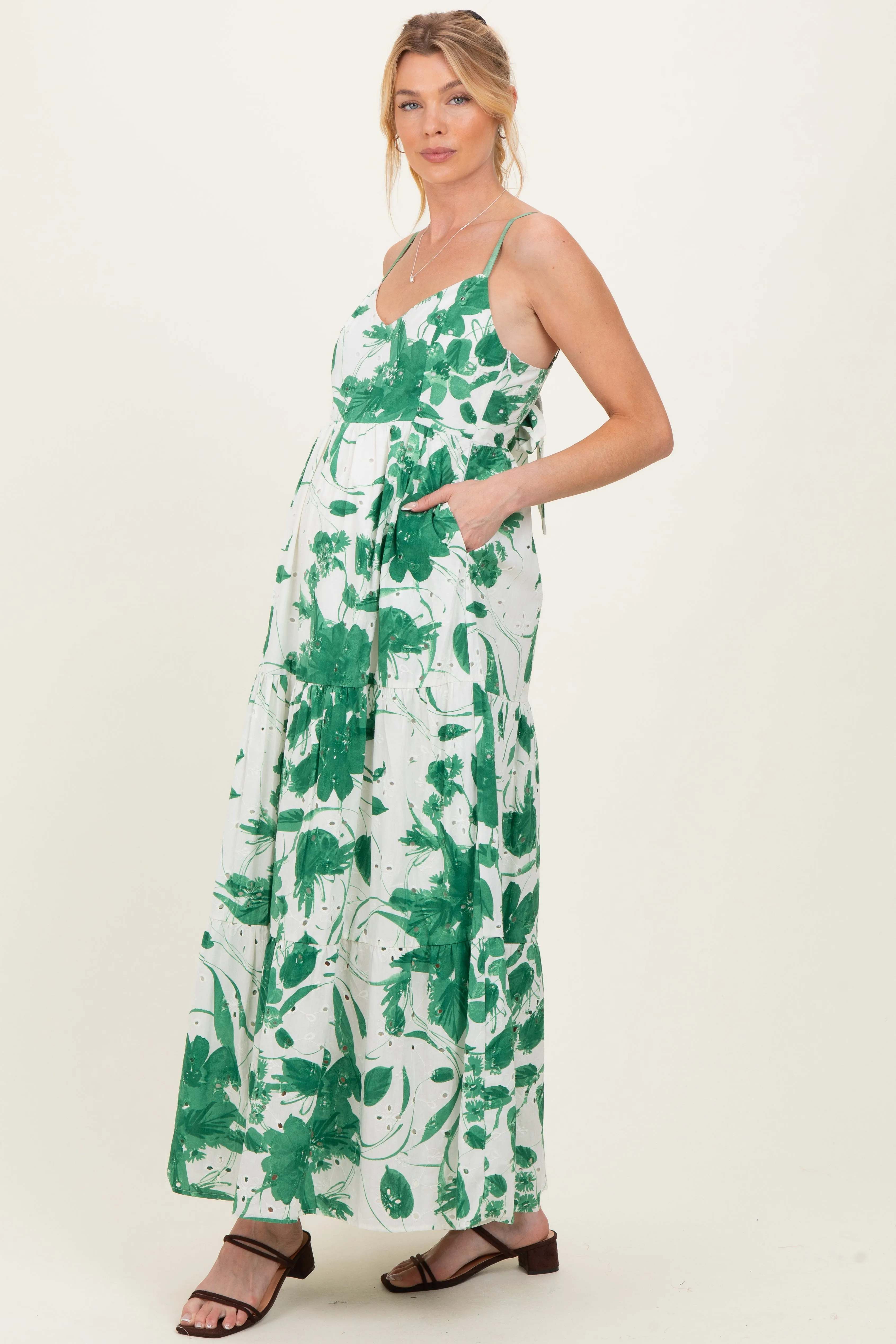 Green Floral Tiered Cutout Tie Back Maternity Maxi Dress sold by Pinkblush product image thumbnail 2