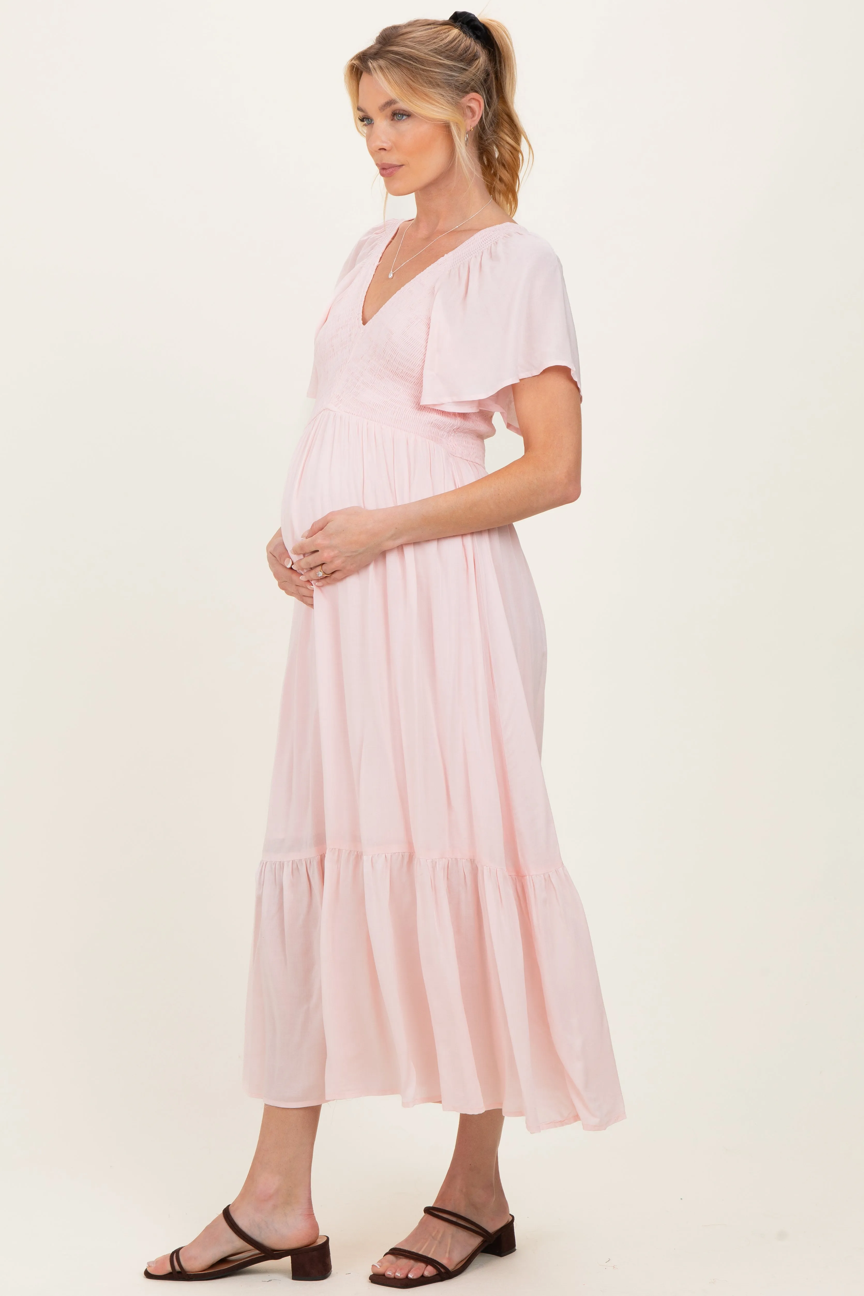 Light Pink Smocked Maternity Midi Dress sold by Pinkblush product image thumbnail 2