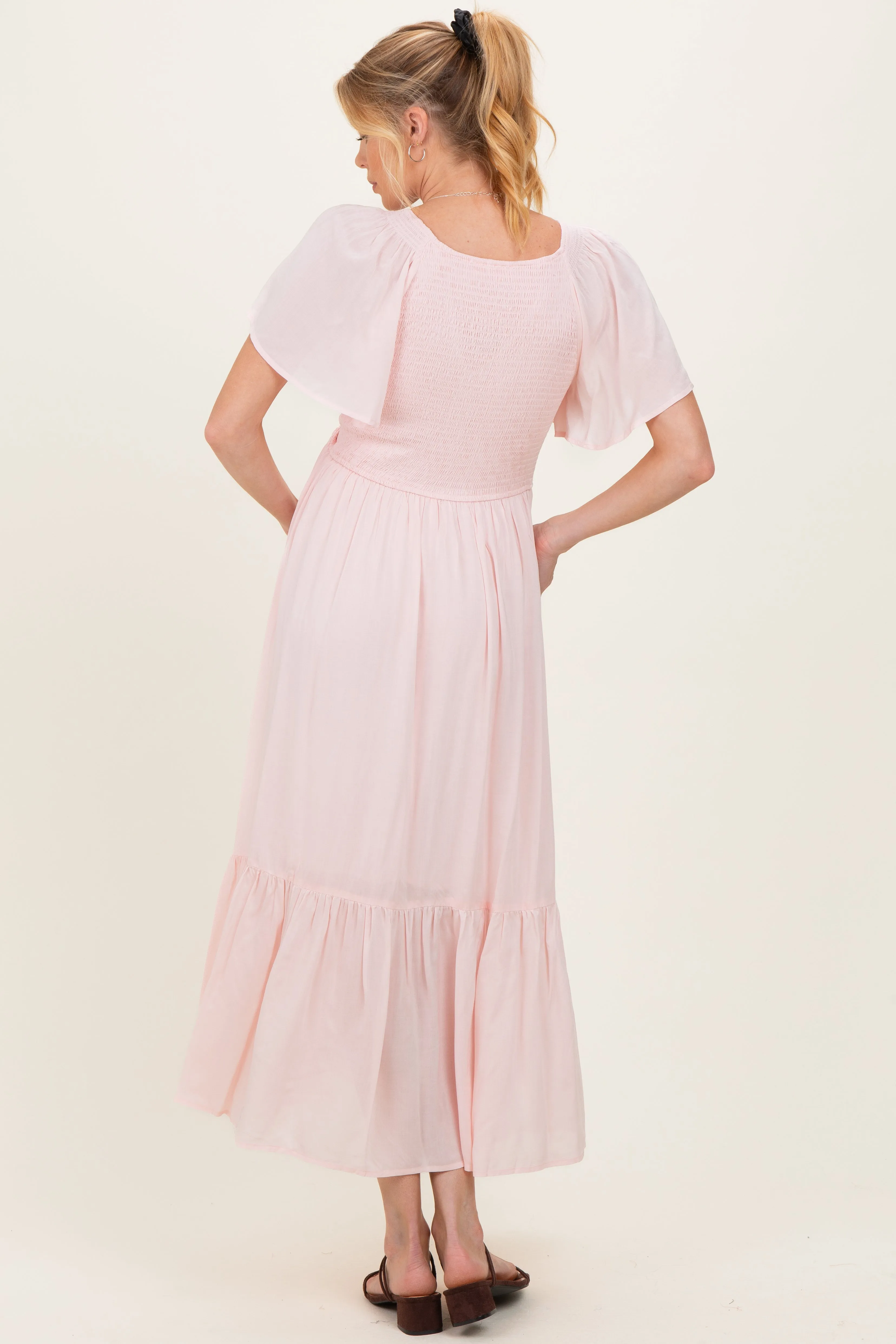 Light Pink Smocked Maternity Midi Dress sold by Pinkblush product image thumbnail 3