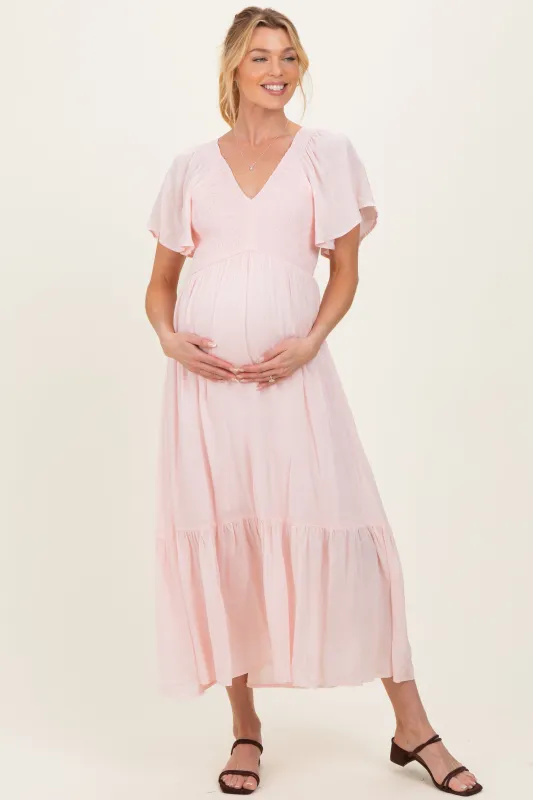 Light Pink Smocked Maternity Midi Dress made by Inloom