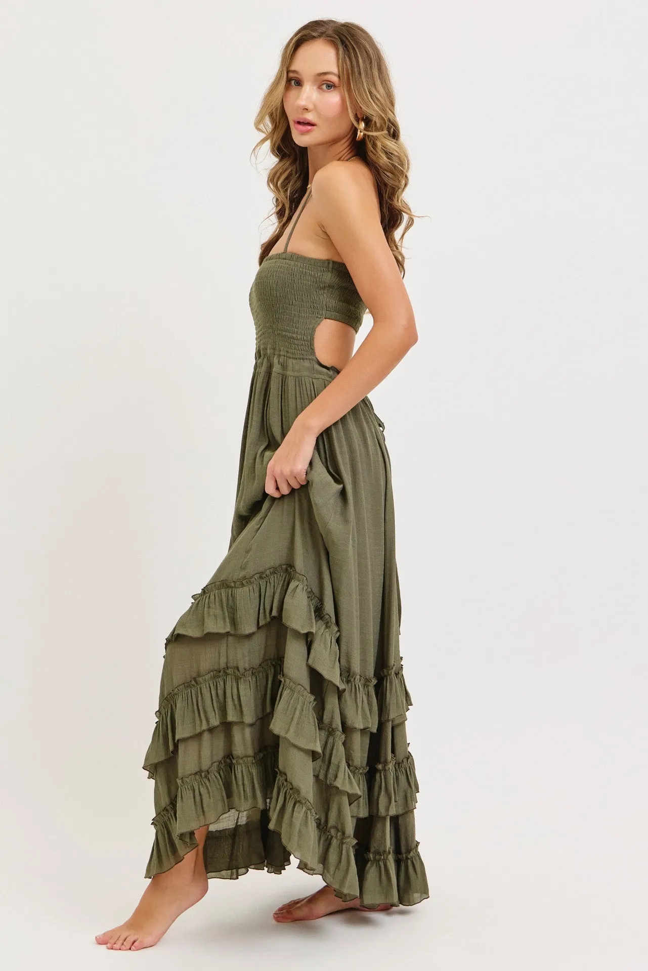 Olive Halter Smocked Ruffle Tier Hem Maxi Dress sold by Pinkblush product image thumbnail 4