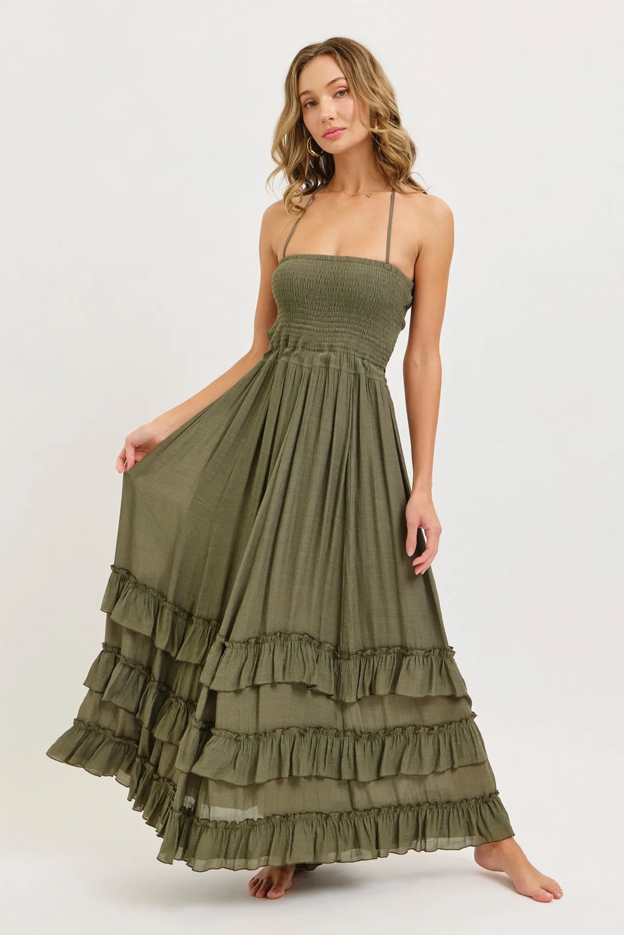 Olive Halter Smocked Ruffle Tier Hem Maxi Dress sold by Pinkblush