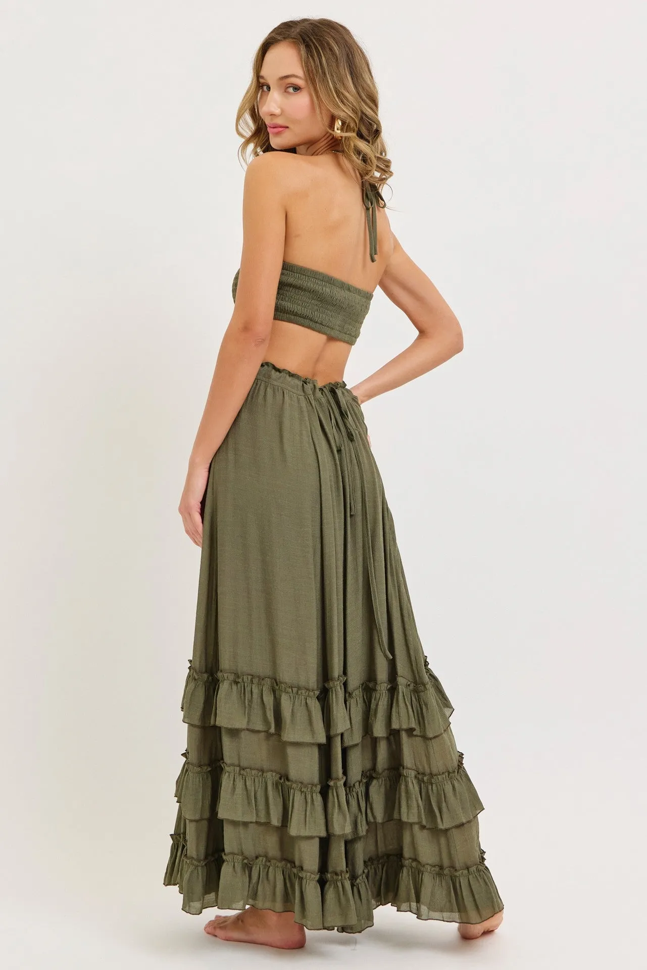Olive Halter Smocked Ruffle Tier Hem Maxi Dress sold by Pinkblush product image thumbnail 5