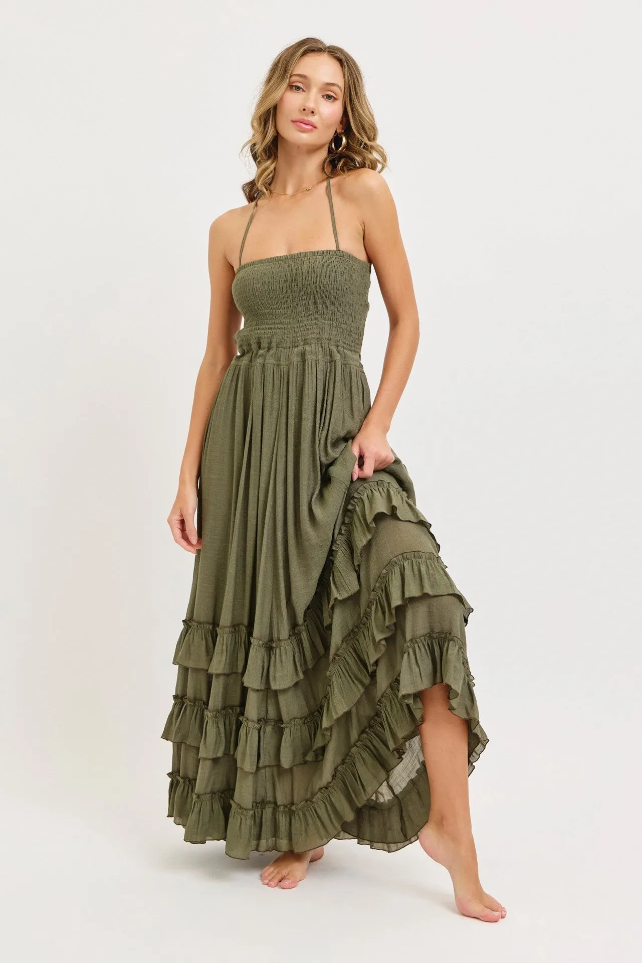 Olive Halter Smocked Ruffle Tier Hem Maxi Dress sold by Pinkblush product image thumbnail 2