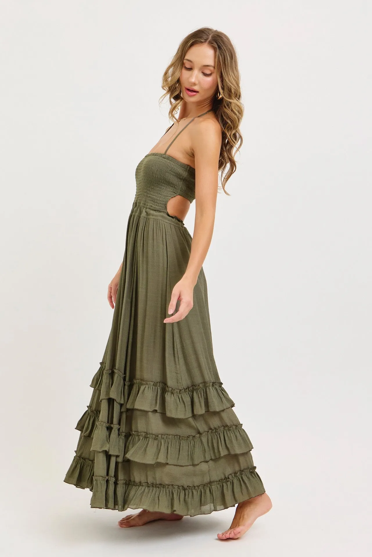 Olive Halter Smocked Ruffle Tier Hem Maxi Dress sold by Pinkblush product image thumbnail 3