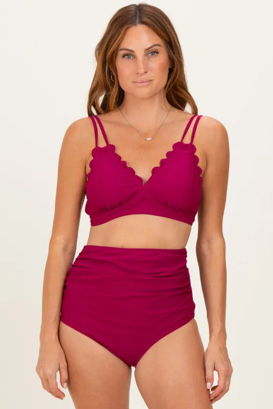 Burgundy Scalloped V-Neck High Waist Two-Piece Swimsuit sold by Pinkblush