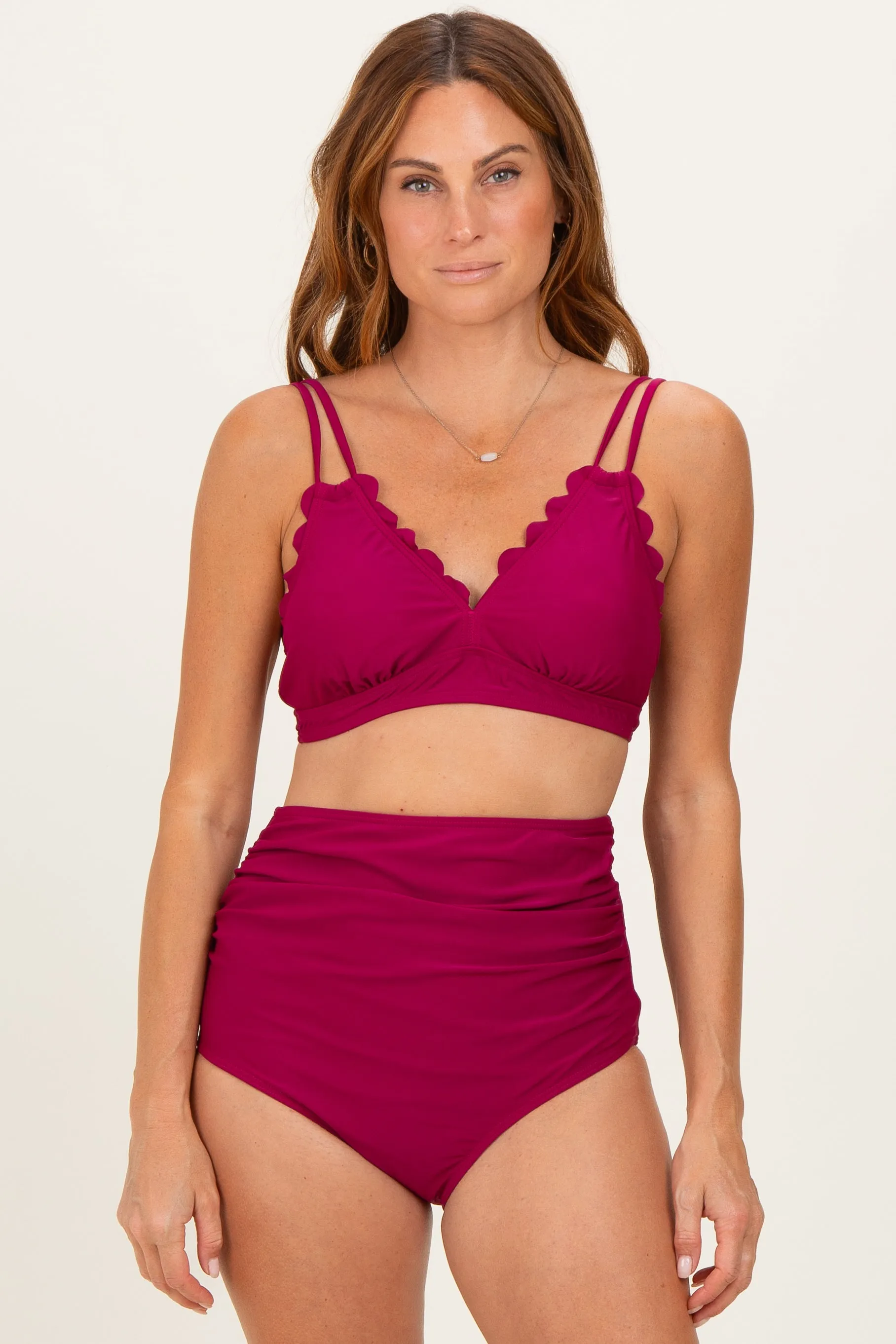 Burgundy Scalloped V-Neck High Waist Two-Piece Swimsuit sold by Pinkblush