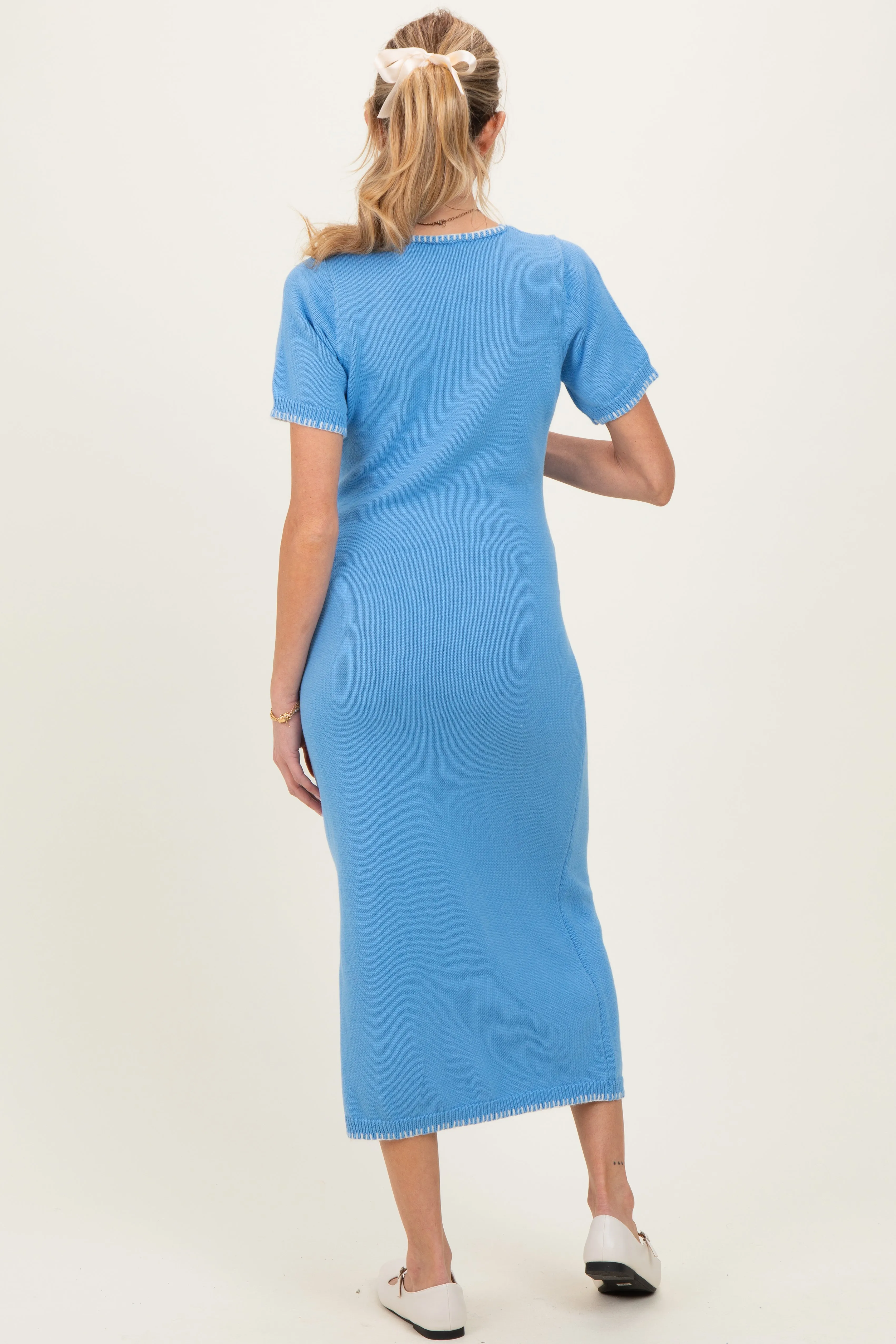 Blue Knit Contrast Stitch Detail Maternity Midi Dress sold by Pinkblush product image thumbnail 4